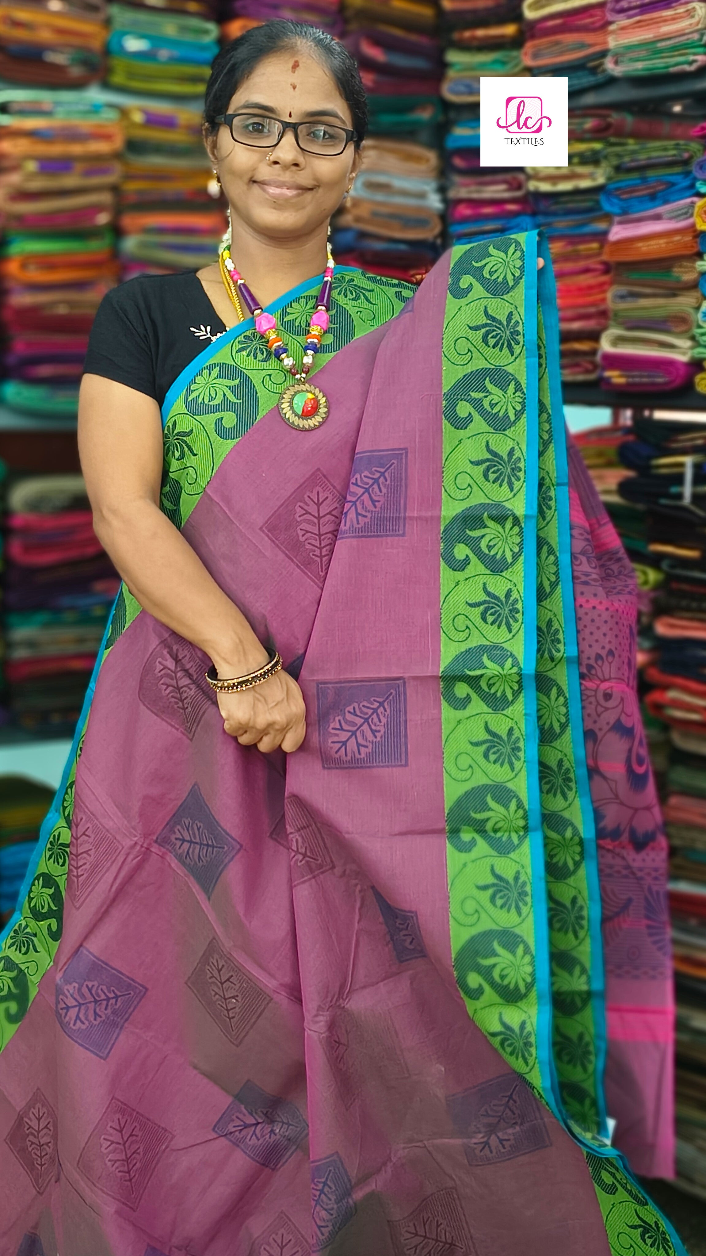 Chettinad Cotton Printed Pink mixed green dual Tone