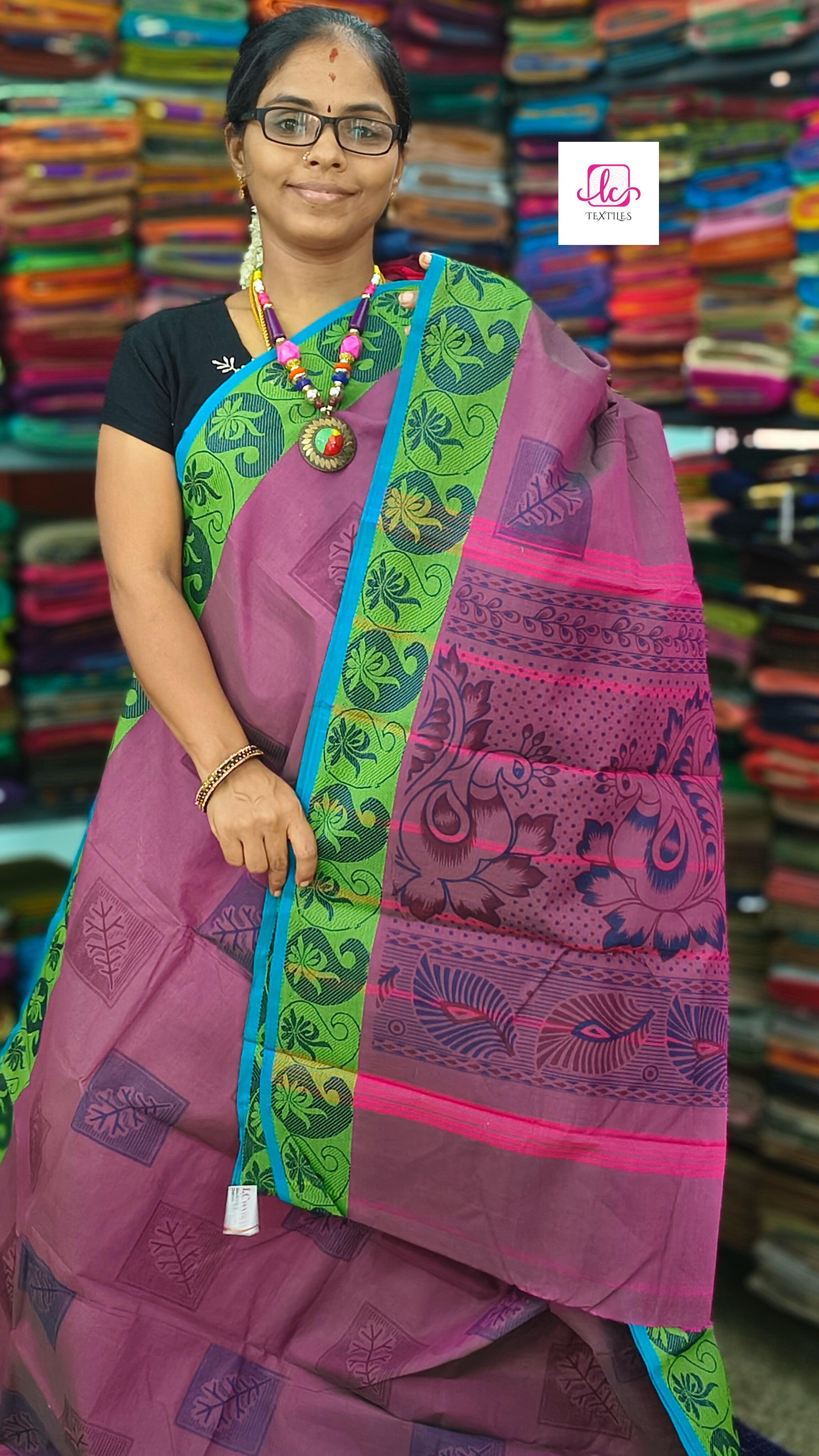 Chettinad Cotton Printed Pink mixed green dual Tone