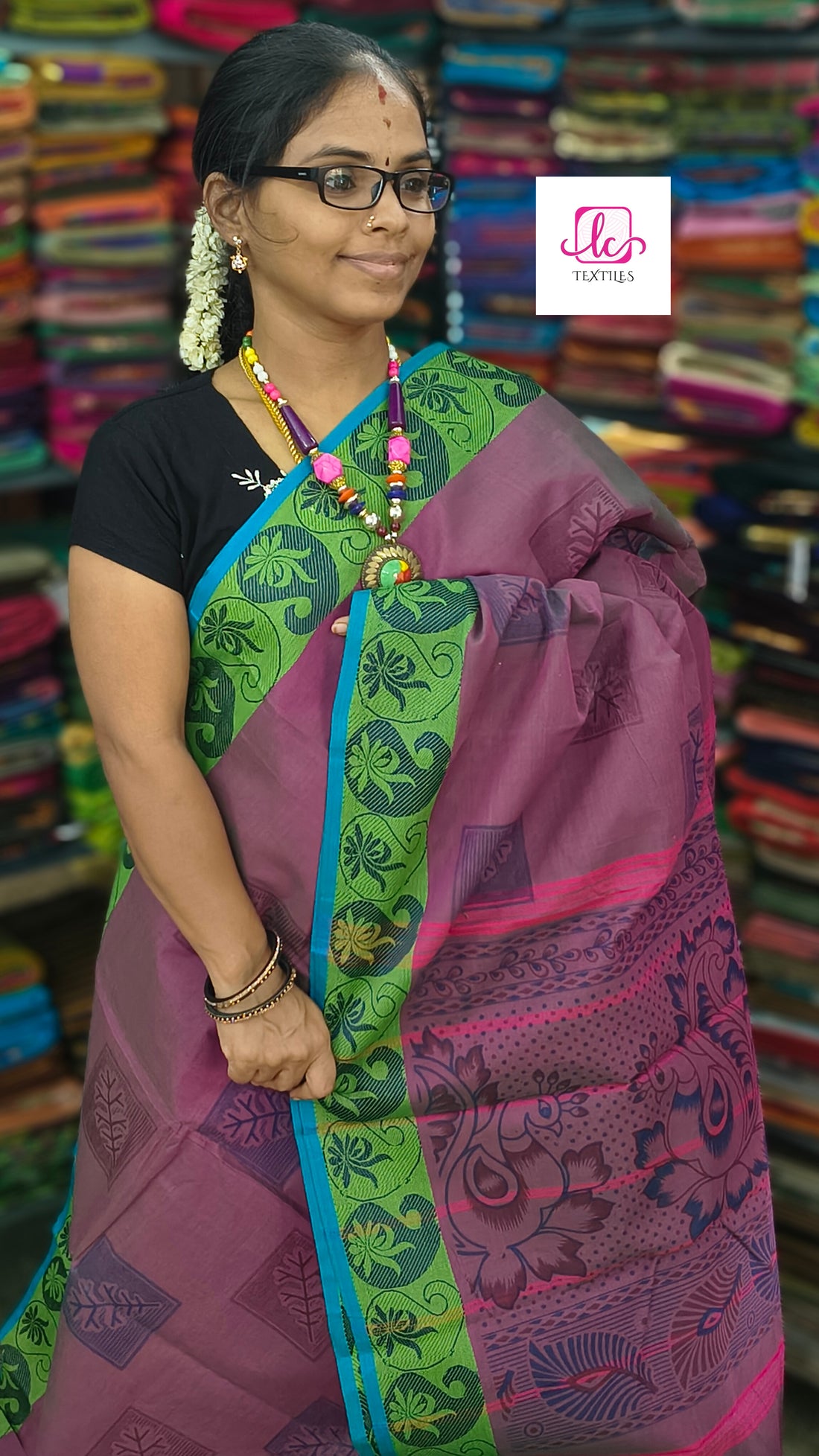 Chettinad Cotton Printed Pink mixed green dual Tone