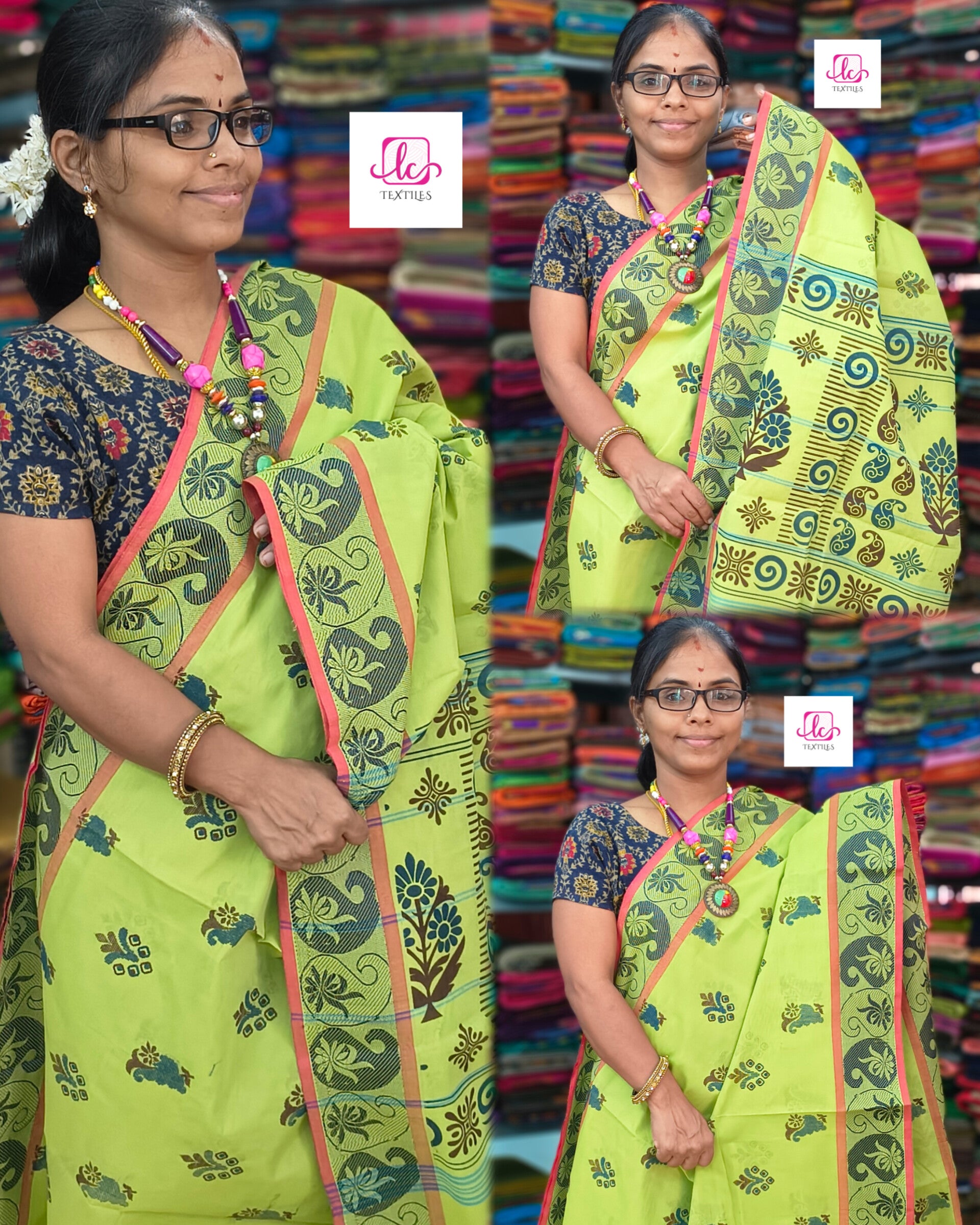 Chettinad Cotton Printed lemon yellow mixed green