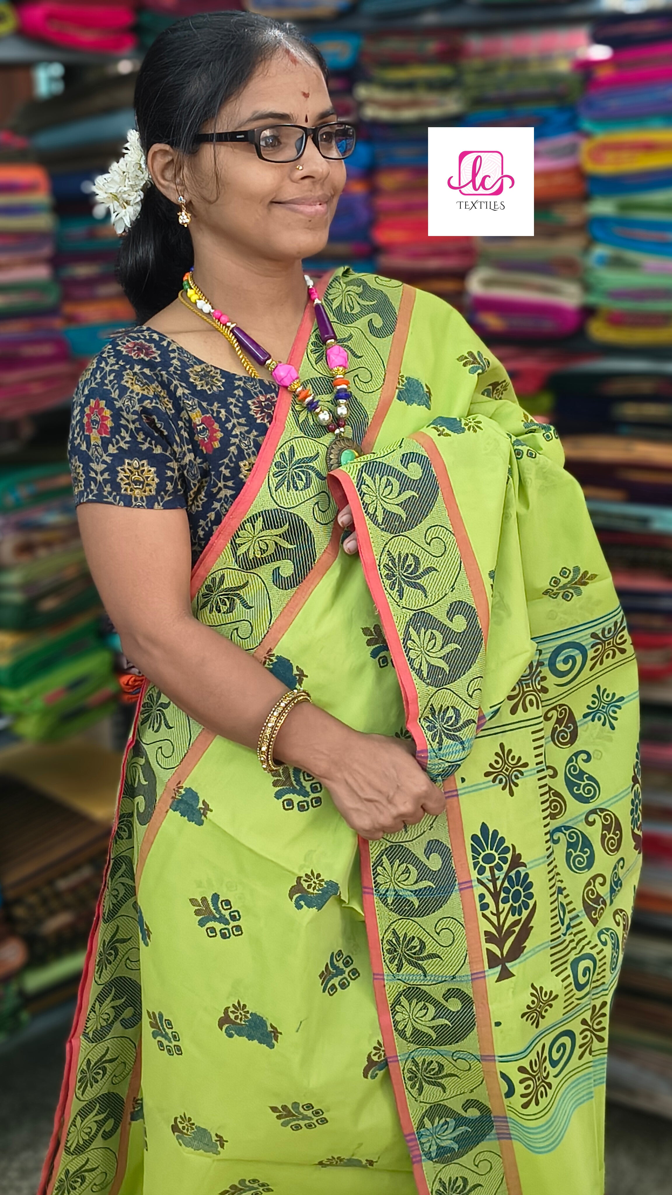 Chettinad Cotton Printed lemon yellow mixed green