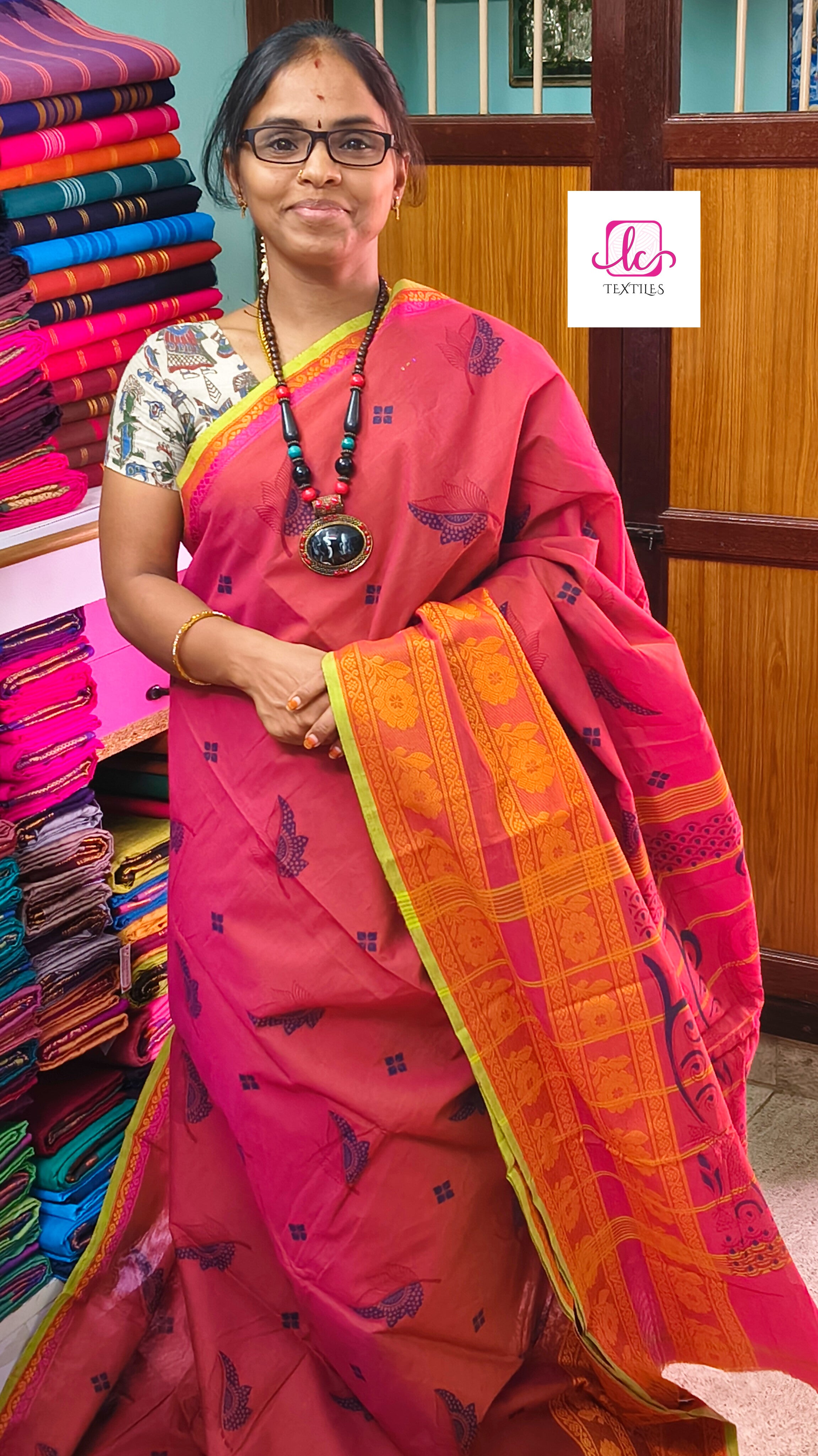 Chettinad Cotton Printed Khaki mixed pink dual tone