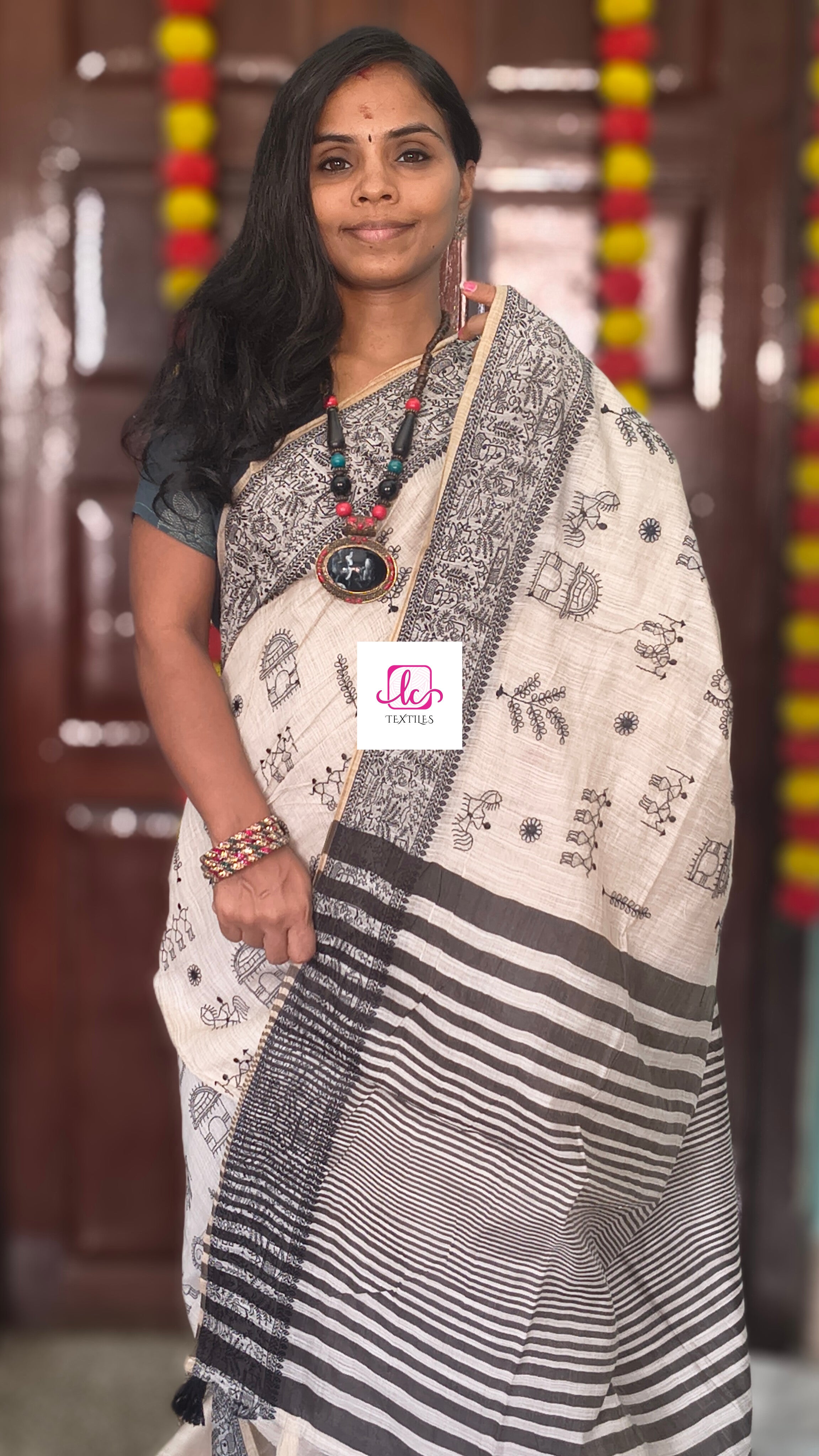 Fancy saree Madhubani cotton Half white