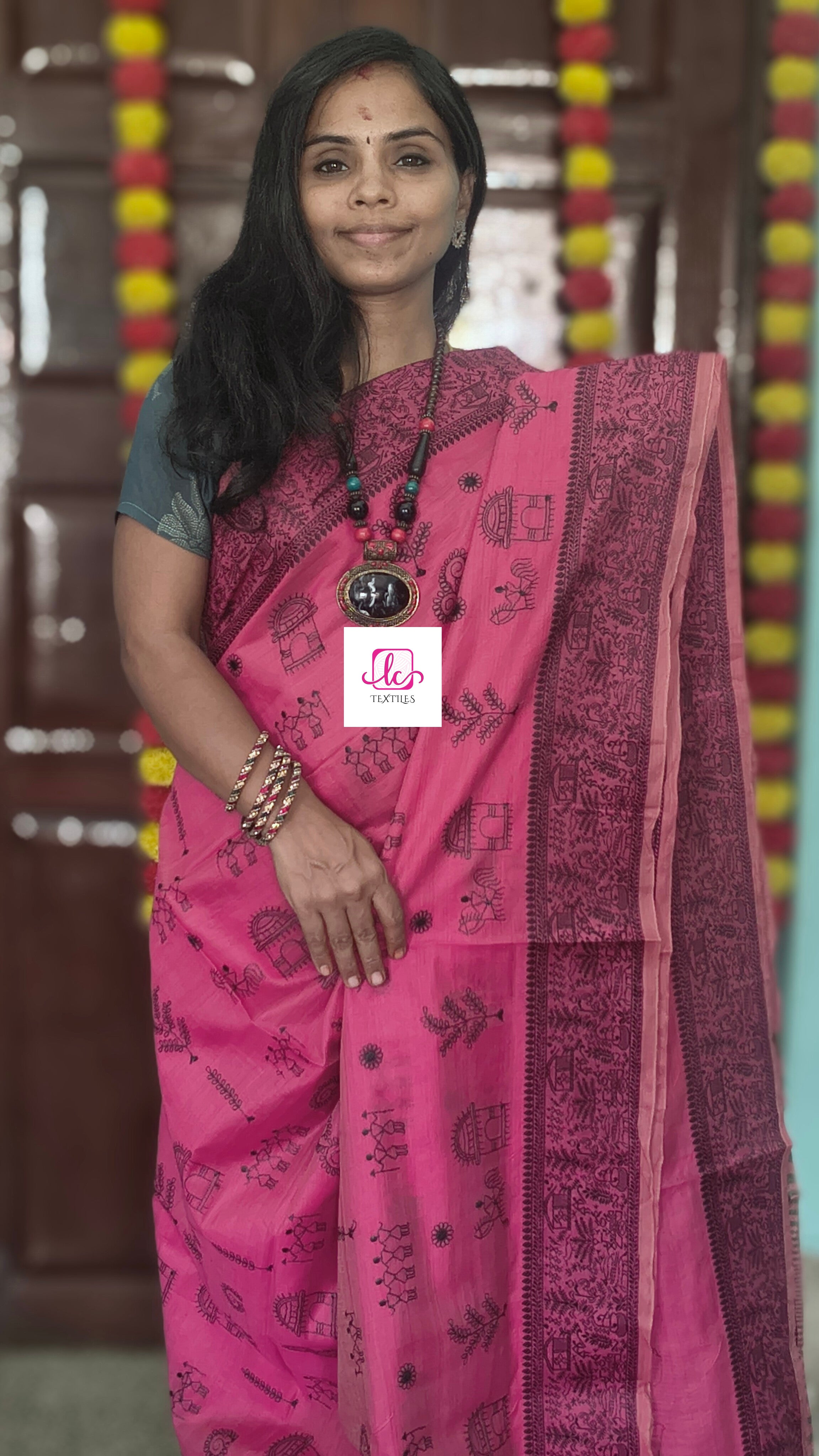 Fancy saree Madhubani cotton Warm pink