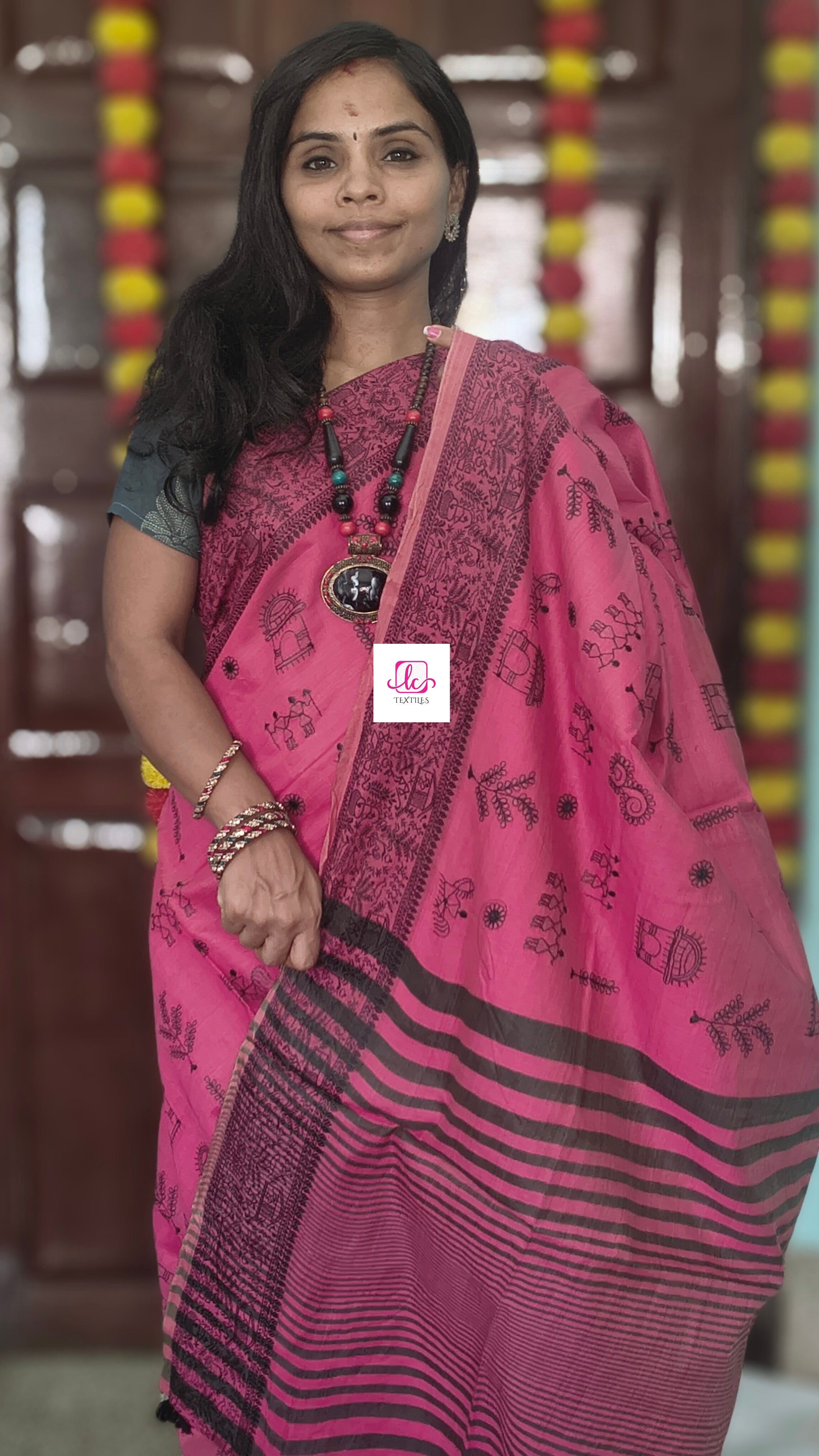 Fancy saree Madhubani cotton Warm pink
