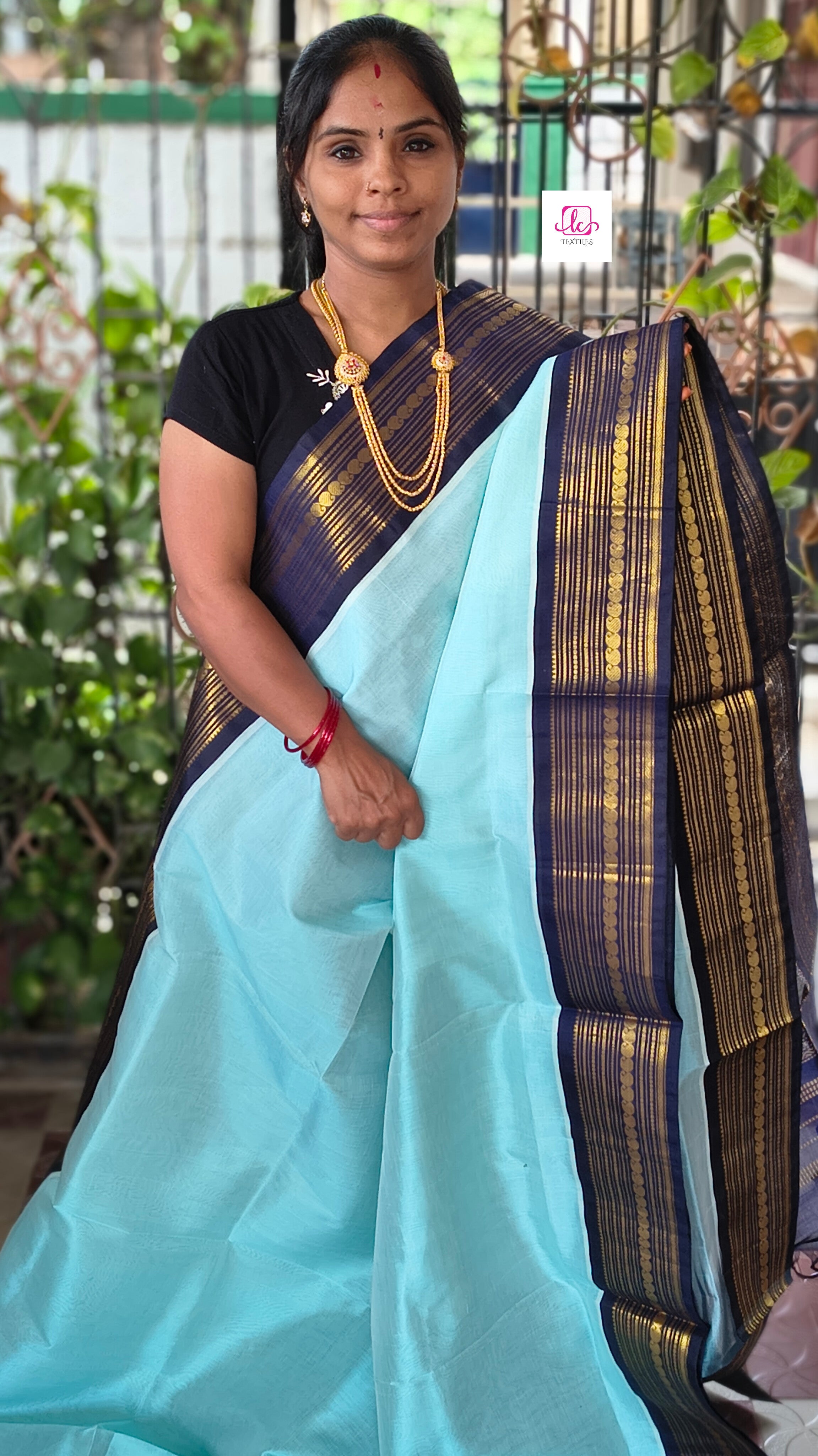 Handloom Kanchi Silk Cotton Korvai Plain Pastel blue