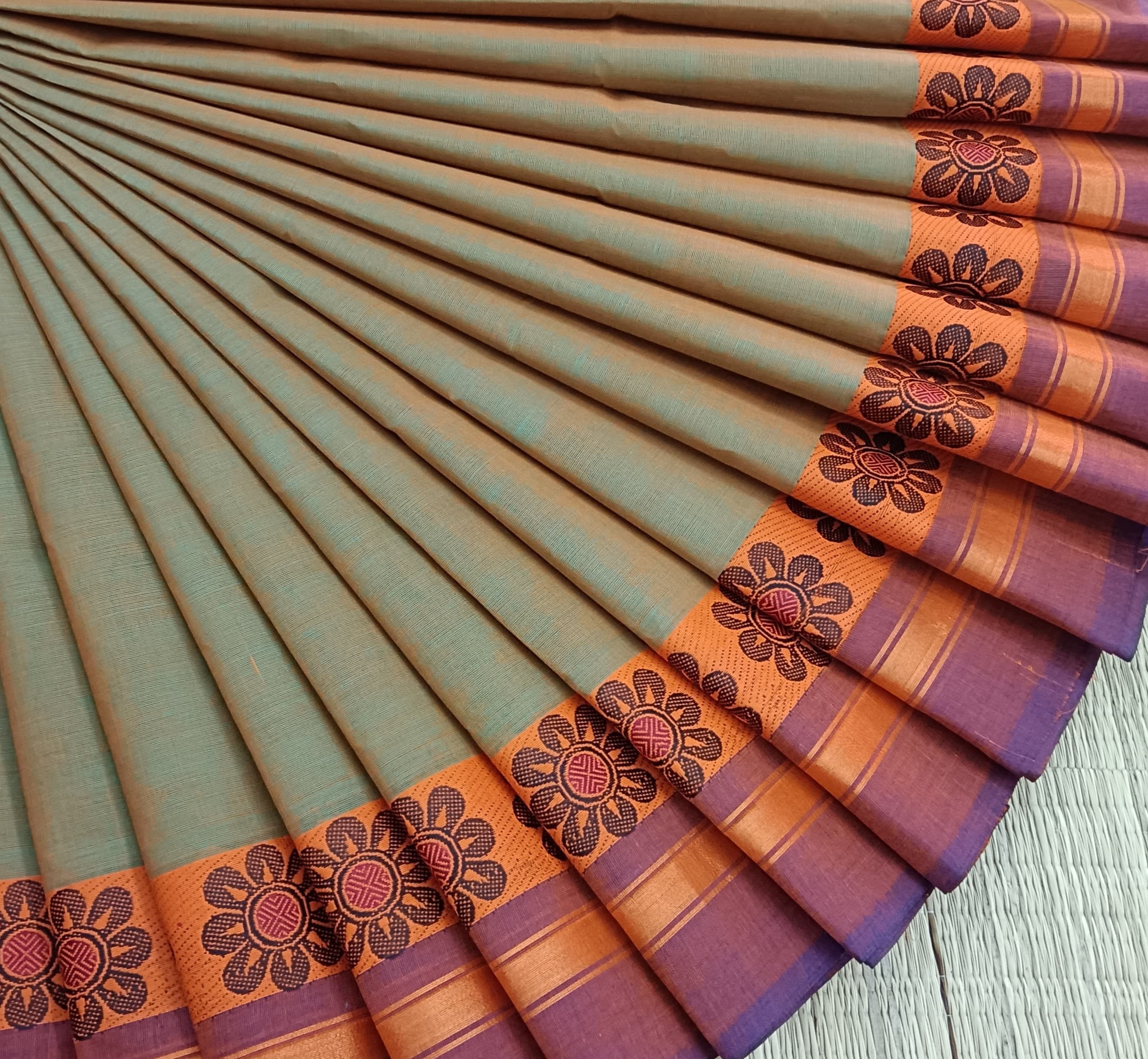 Chettinad Cotton -Daily Wear -Rama Green Mixed Orange- CDW142