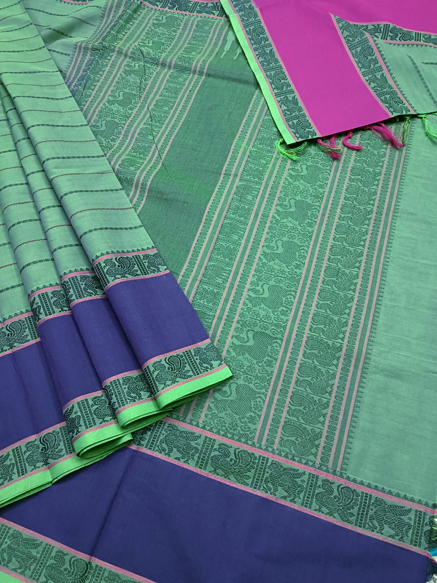 Heritage Handwoven Cotton - Veldhari - Neon Green Pink Dual Tone - HC10