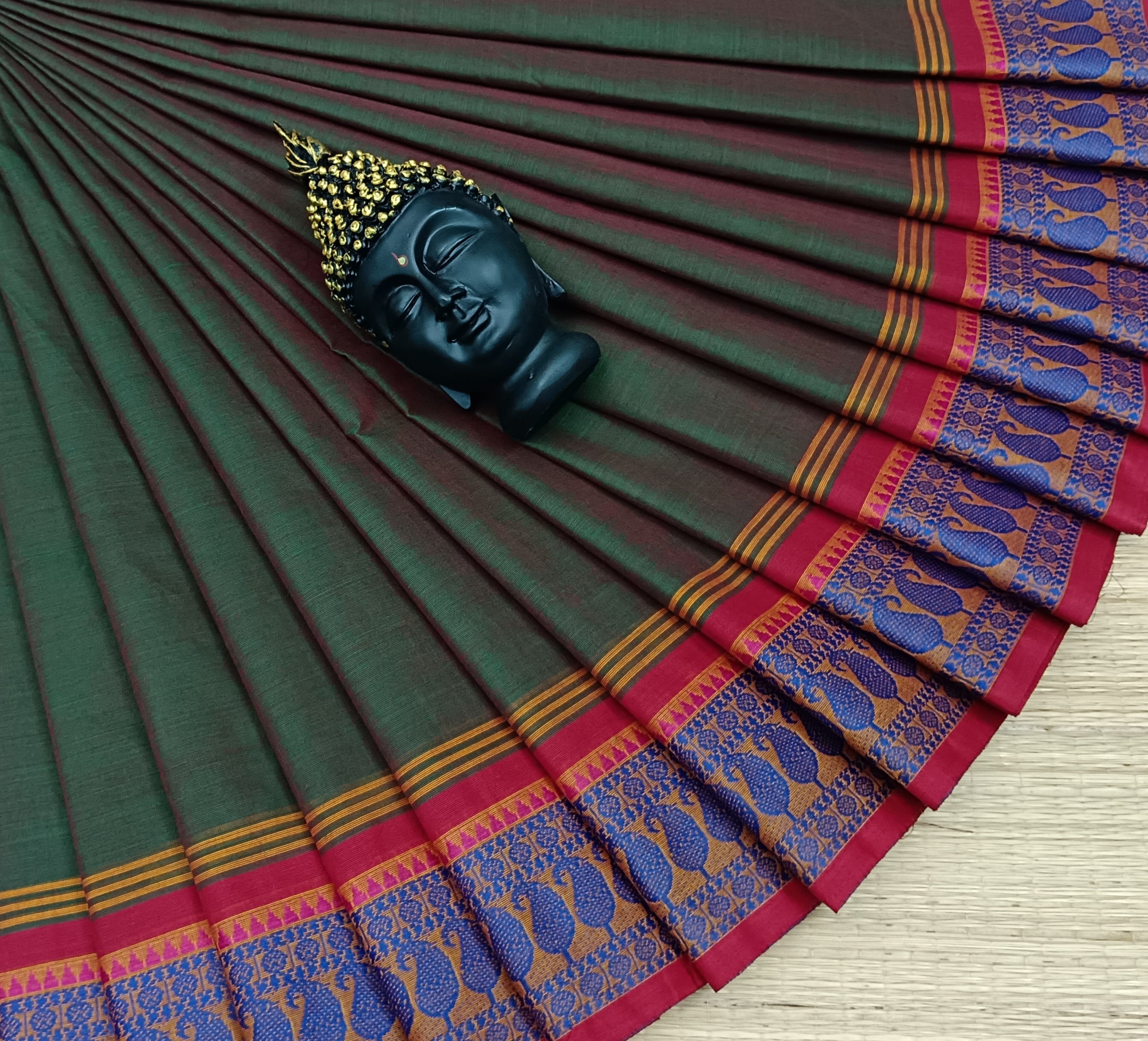 Chettinad Cotton Daily Wear Pine Green with red Dual Tone Saree - CDW04