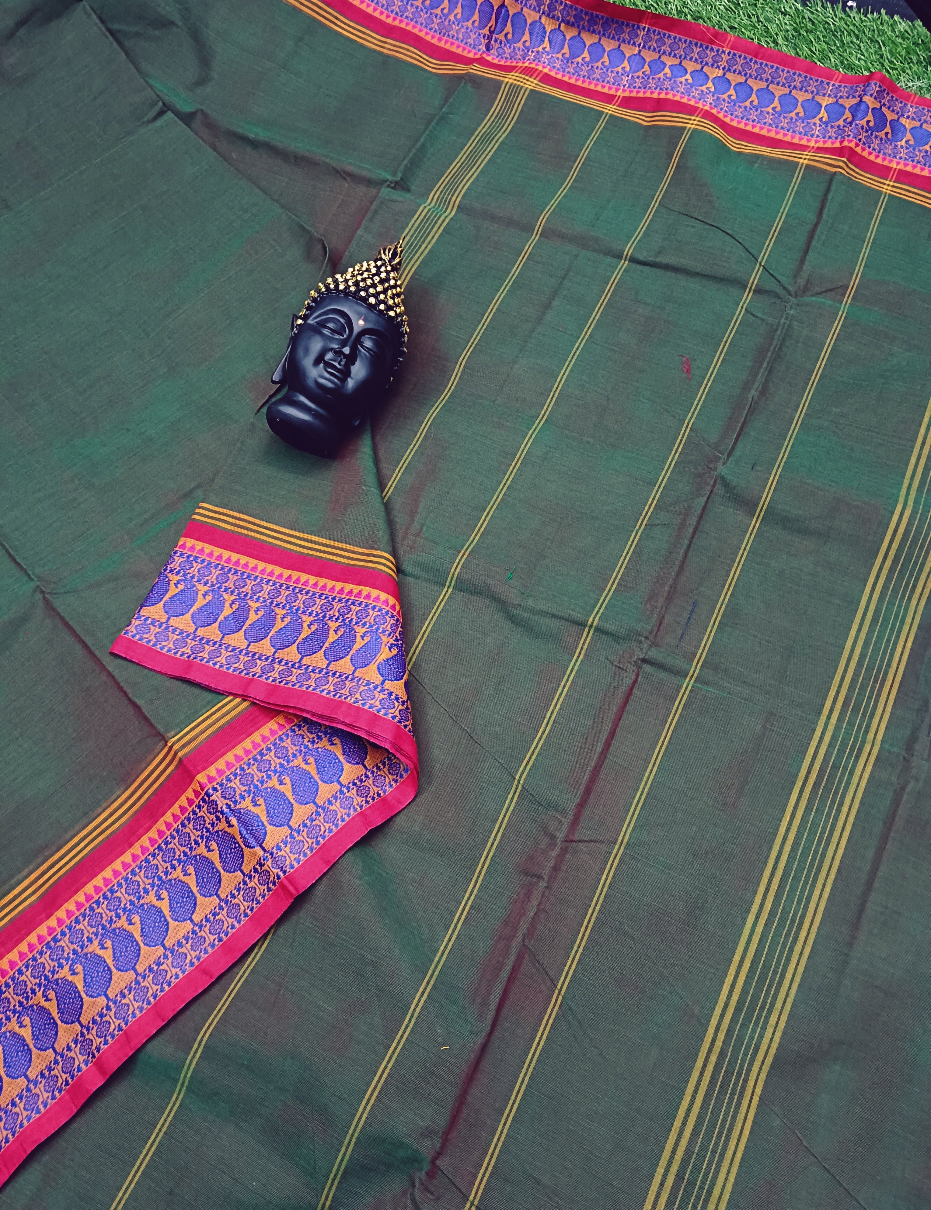 Chettinad Cotton Daily Wear Pine Green with red Dual Tone Saree - CDW04