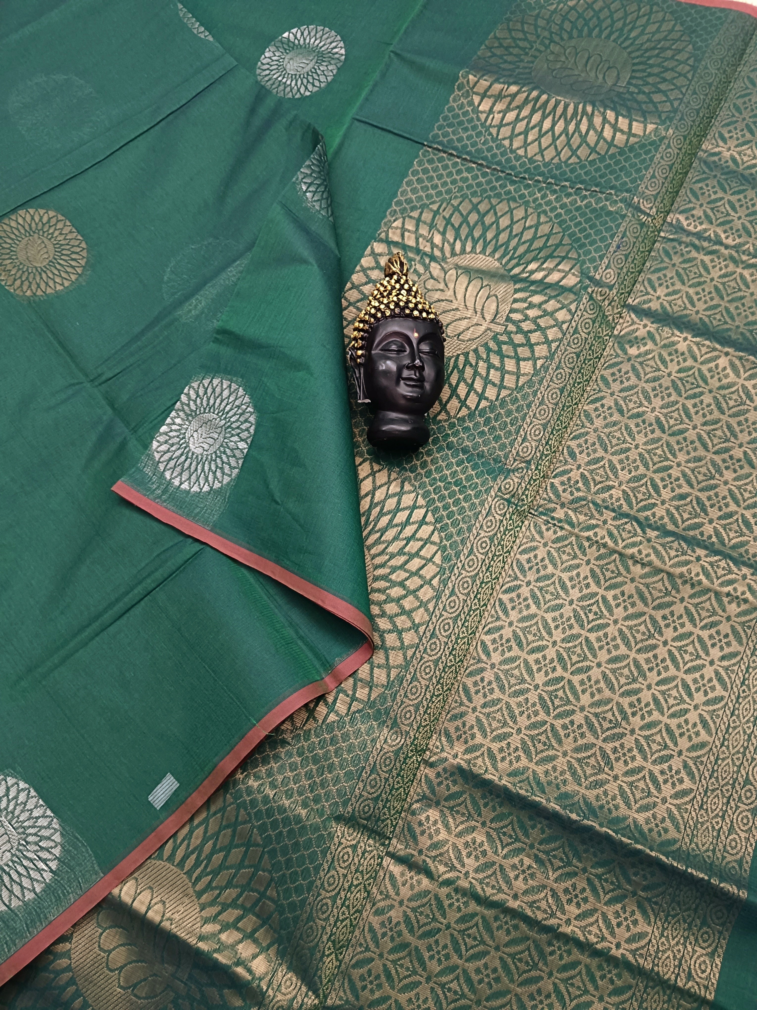 Negamam Cotton Saree - Chakaram butta -Dark Green - NC 07