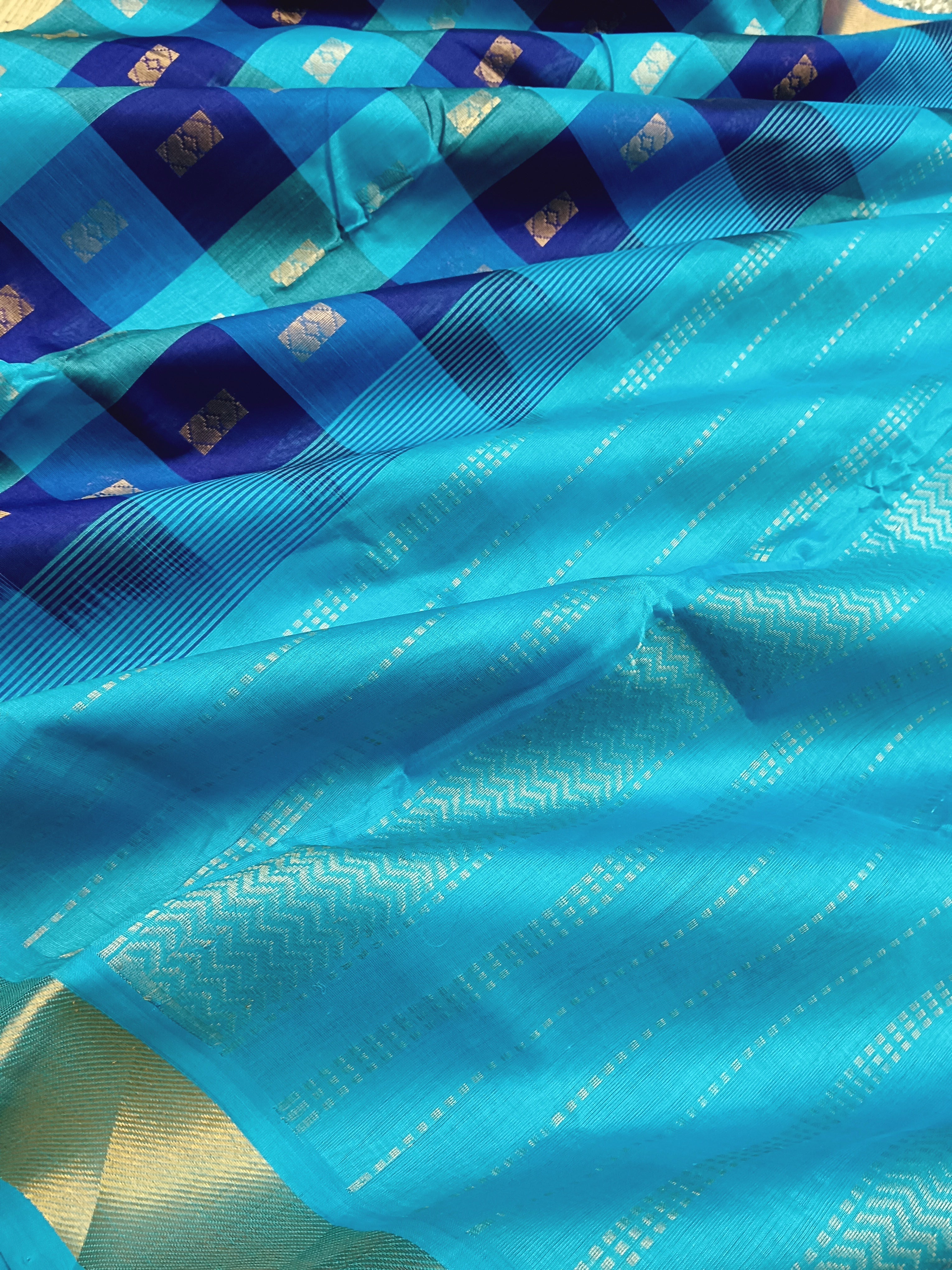 Handloom Kanchi Silk Cotton -Checks Butta -Dark Blue With sky Blue - HSC11