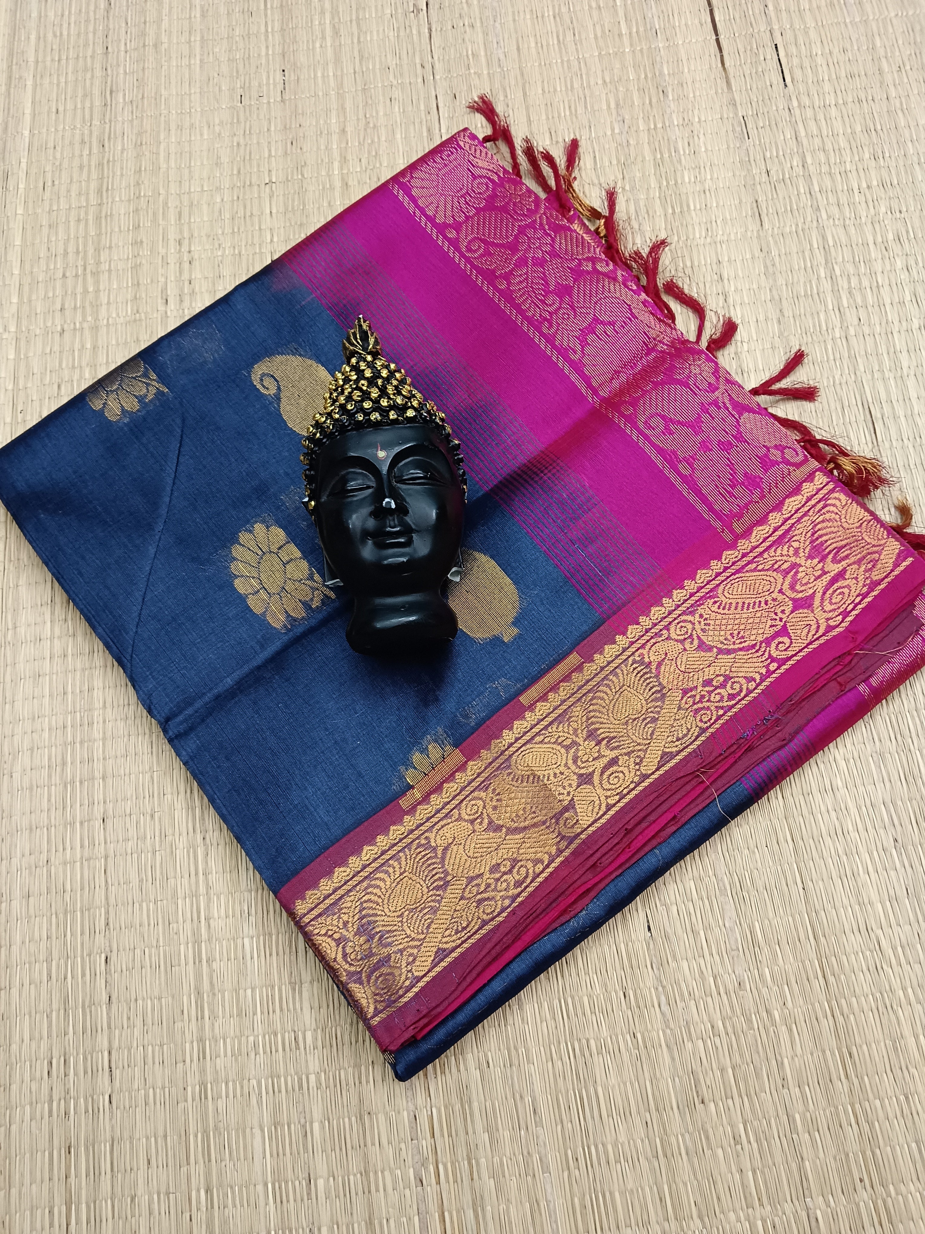 Handloom Kanci Silk Cotton -Butta- Dark Blue Grey- HSC19