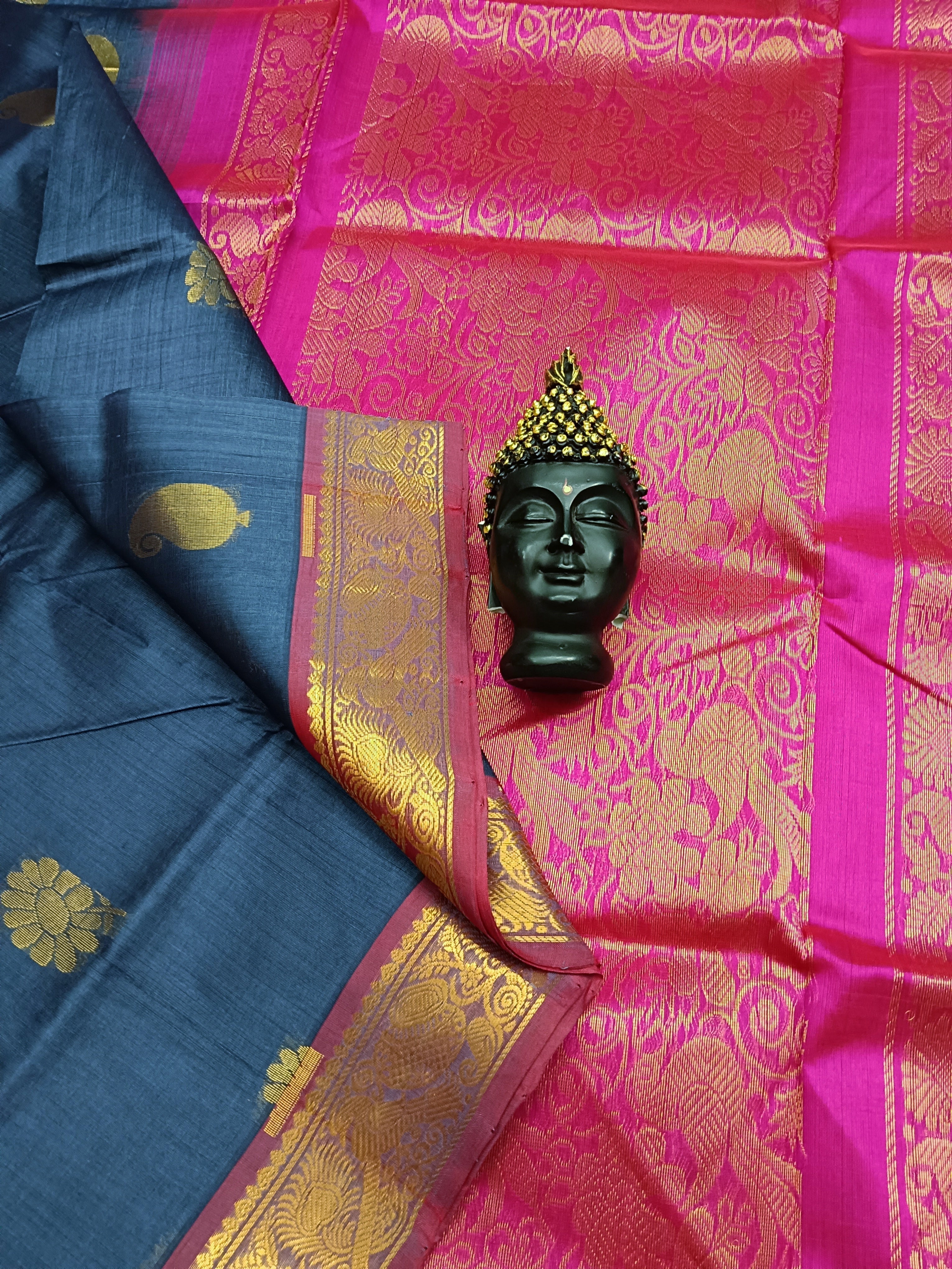Handloom Kanci Silk Cotton -Butta- Dark Blue Grey- HSC19