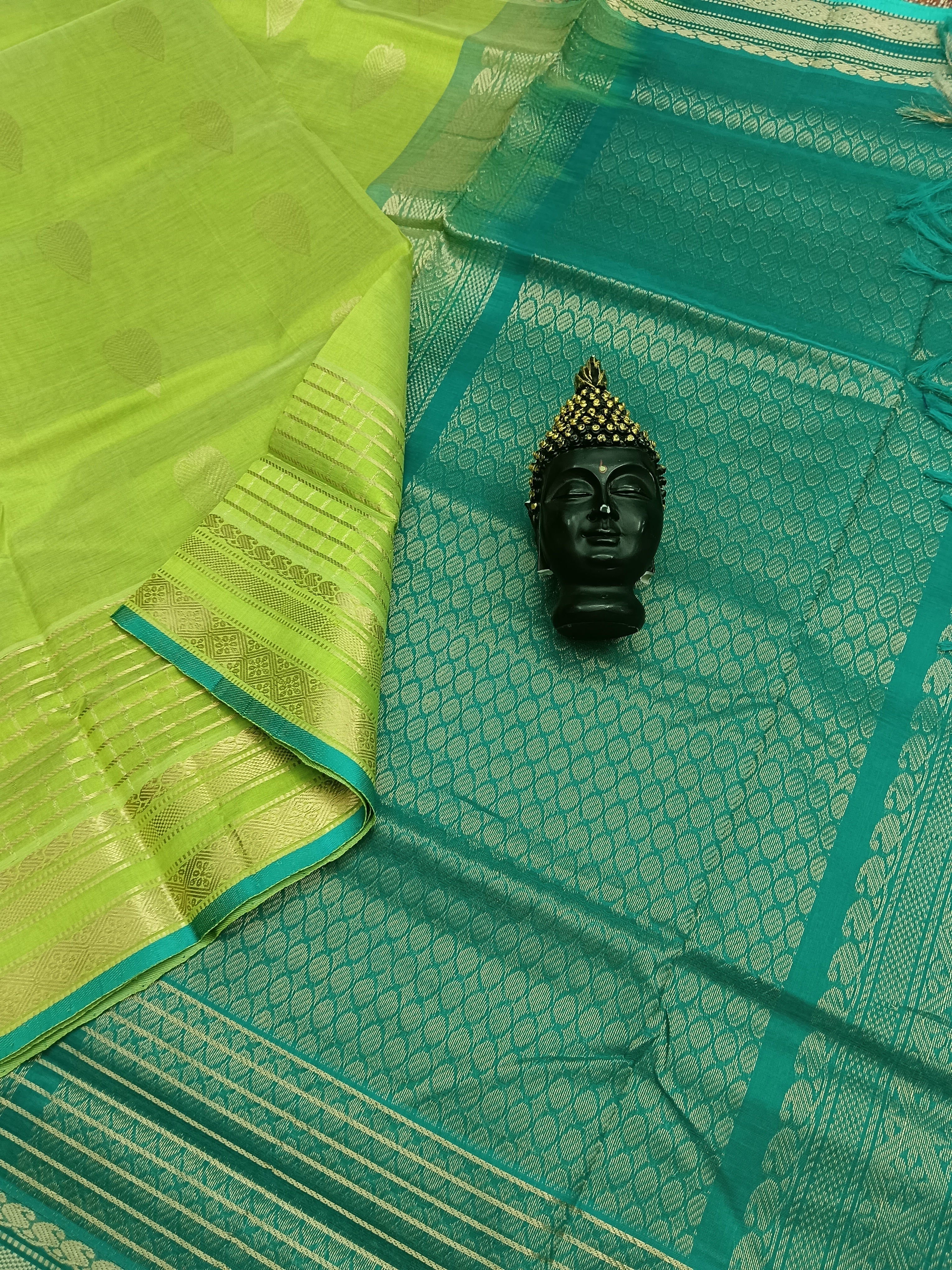 Handloom Kanchi Silk Cotton - Butta - Lemon Green- HSC27
