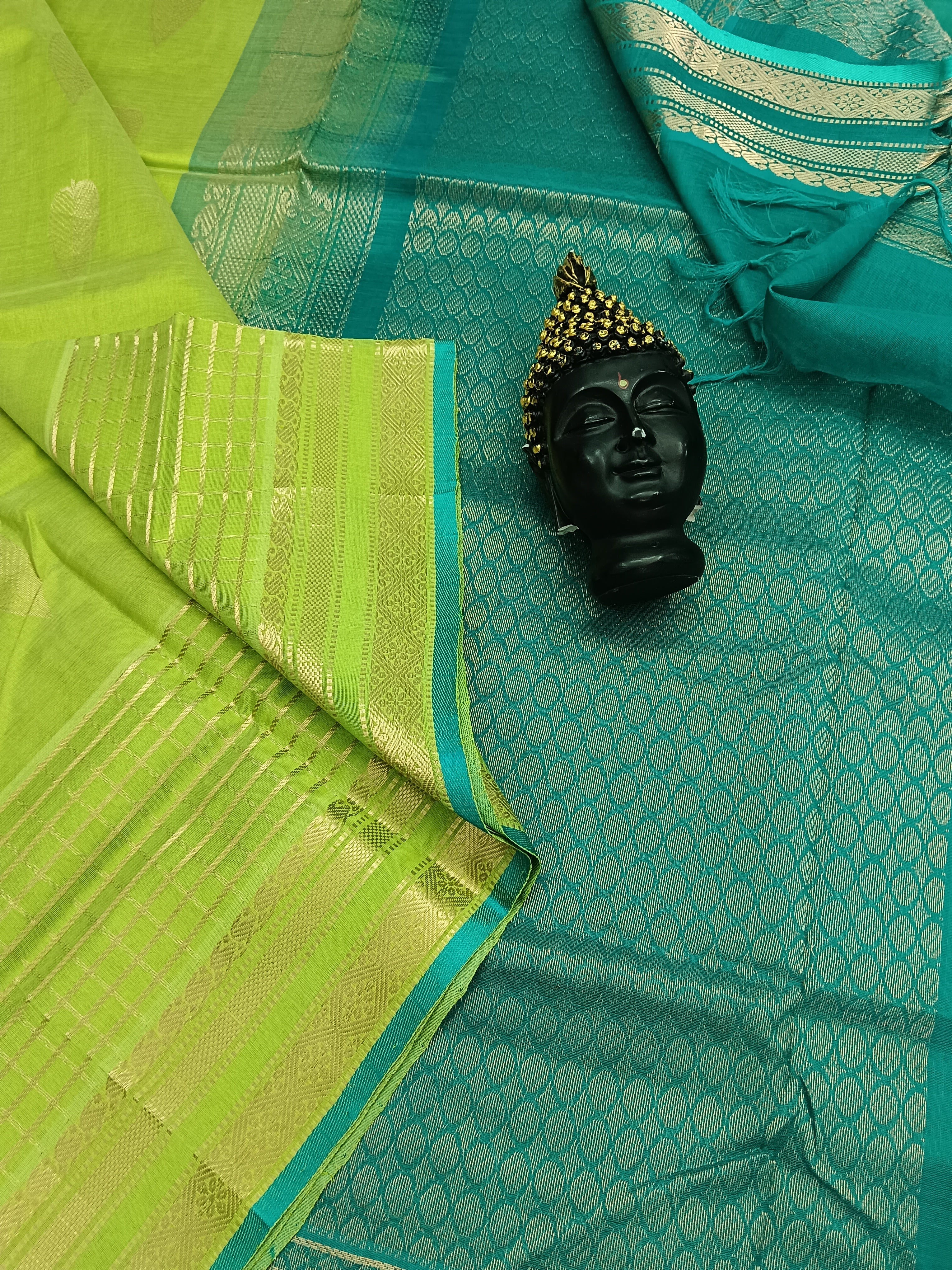 Handloom Kanchi Silk Cotton - Butta - Lemon Green- HSC27
