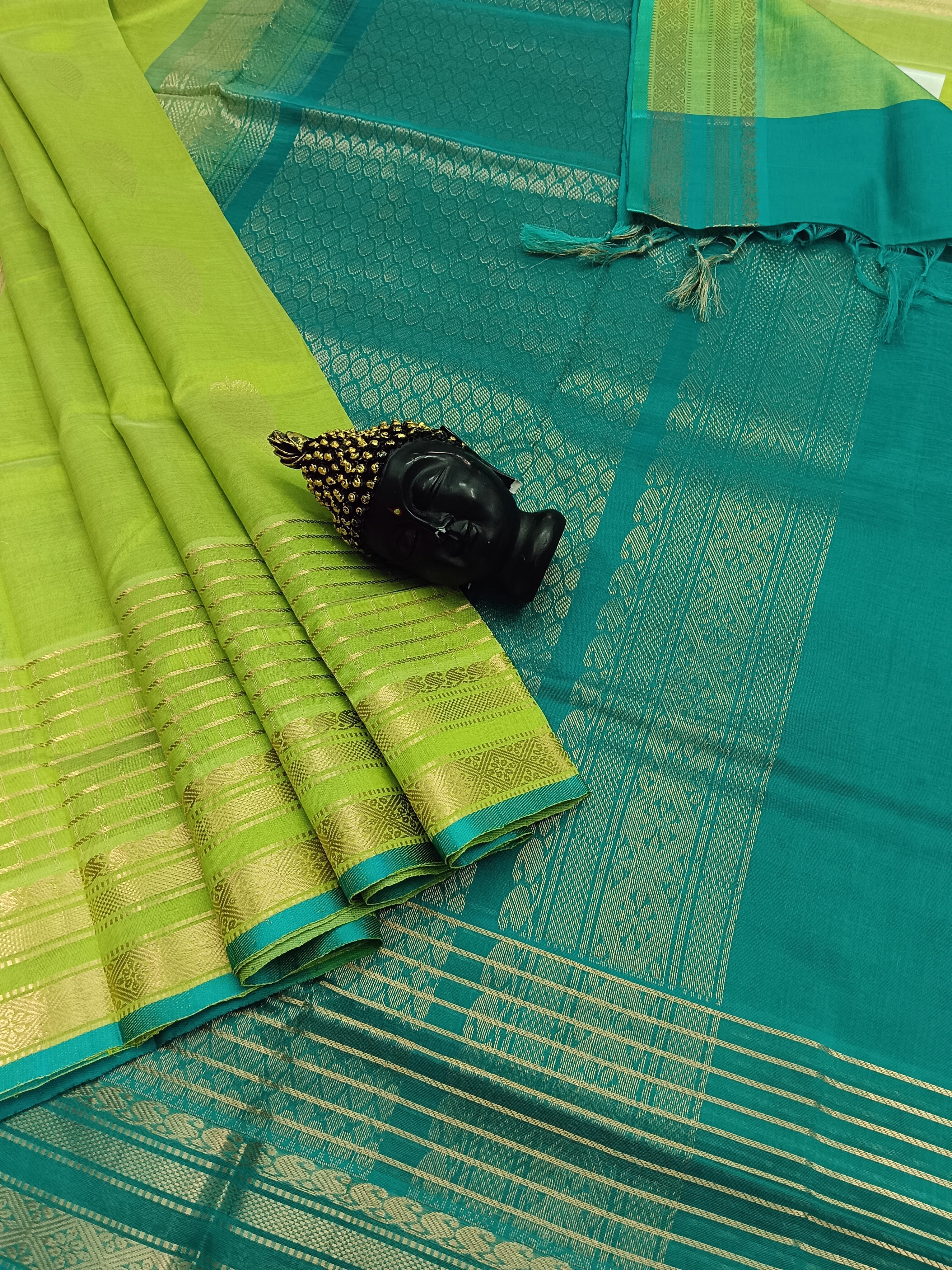 Handloom Kanchi Silk Cotton - Butta - Lemon Green- HSC27