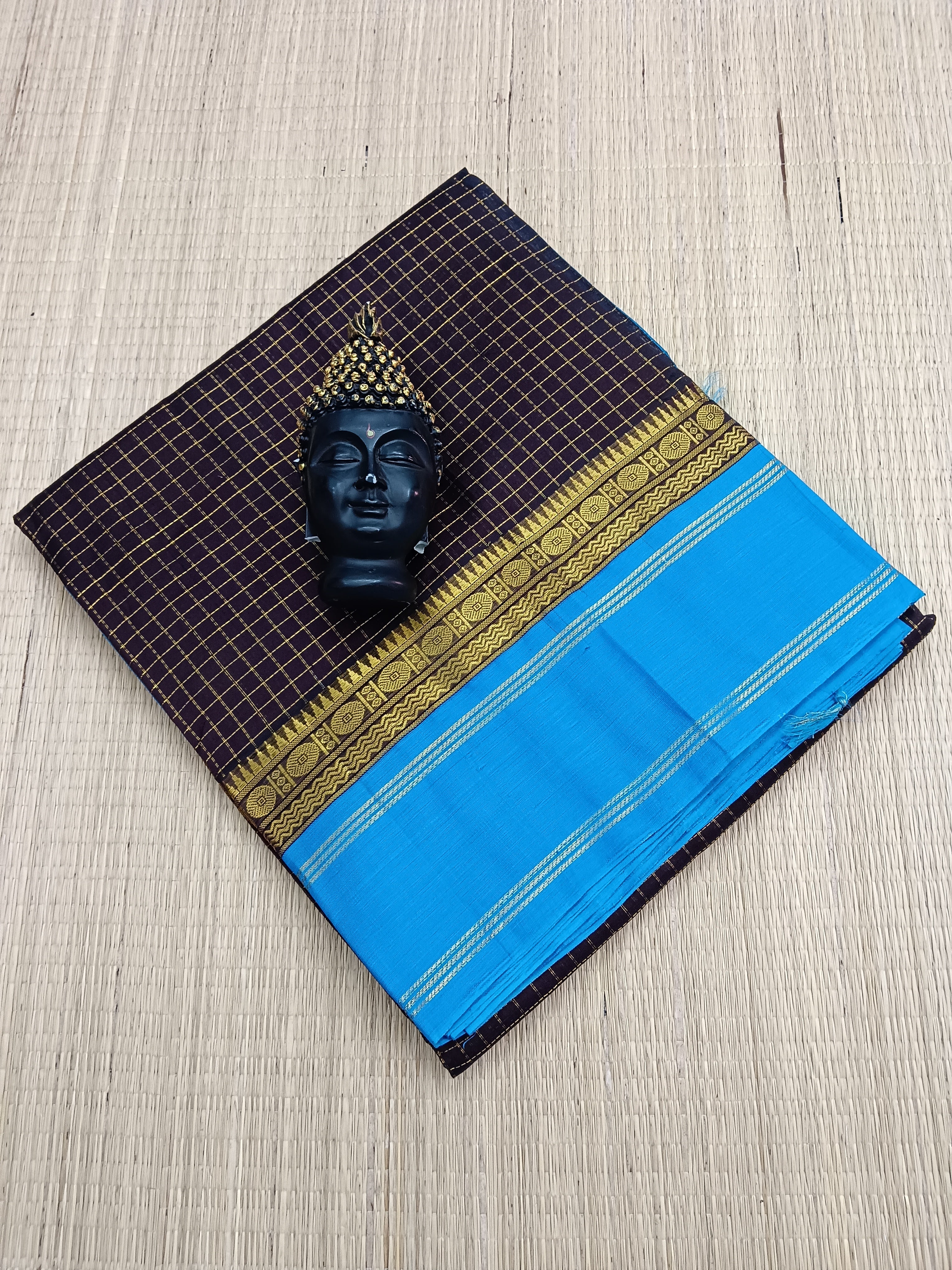 Handloom Kanchi Silk Cotton - Korvai Checks - Brown-HSC26
