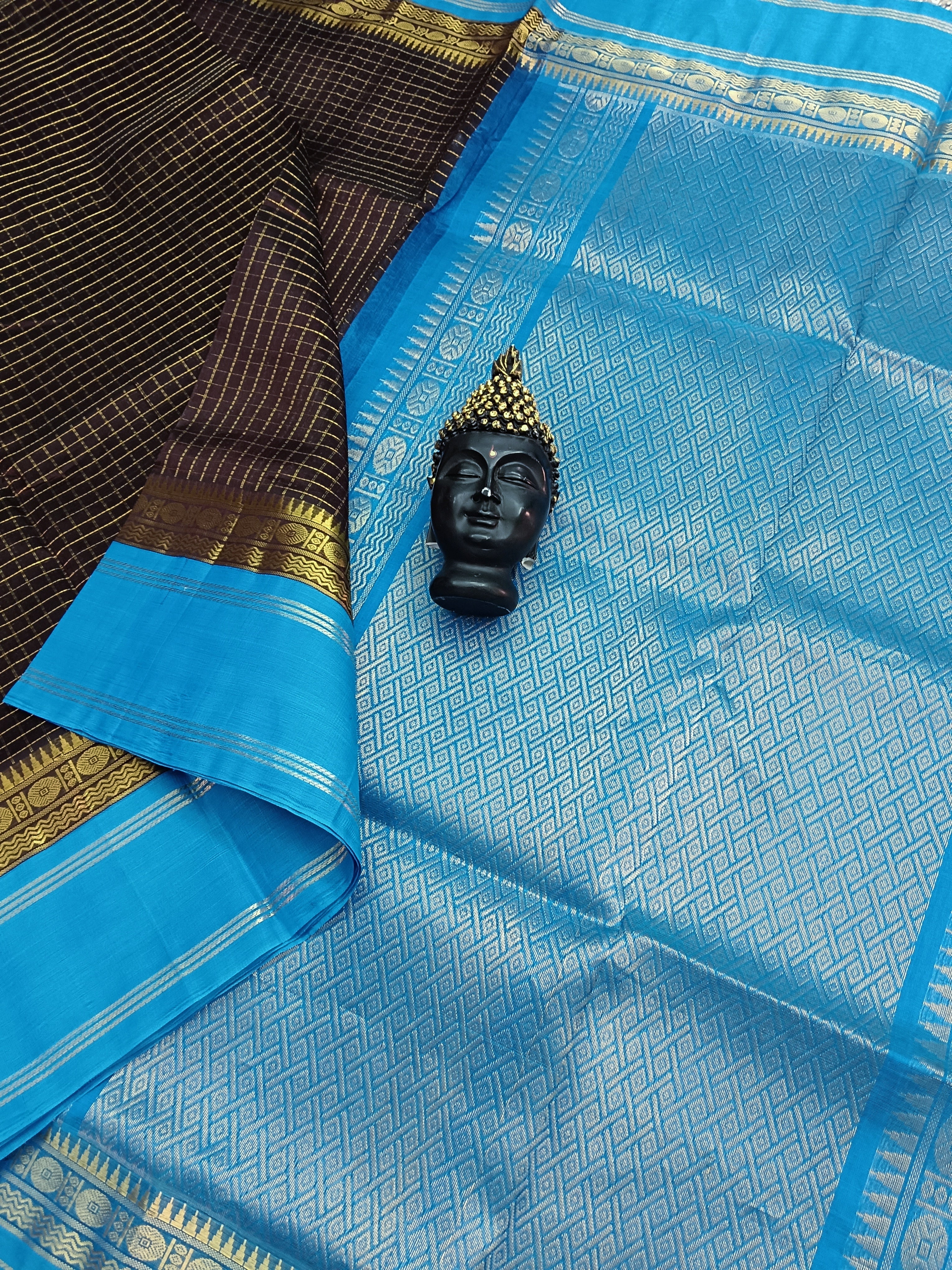 Handloom Kanchi Silk Cotton - Korvai Checks - Brown-HSC26