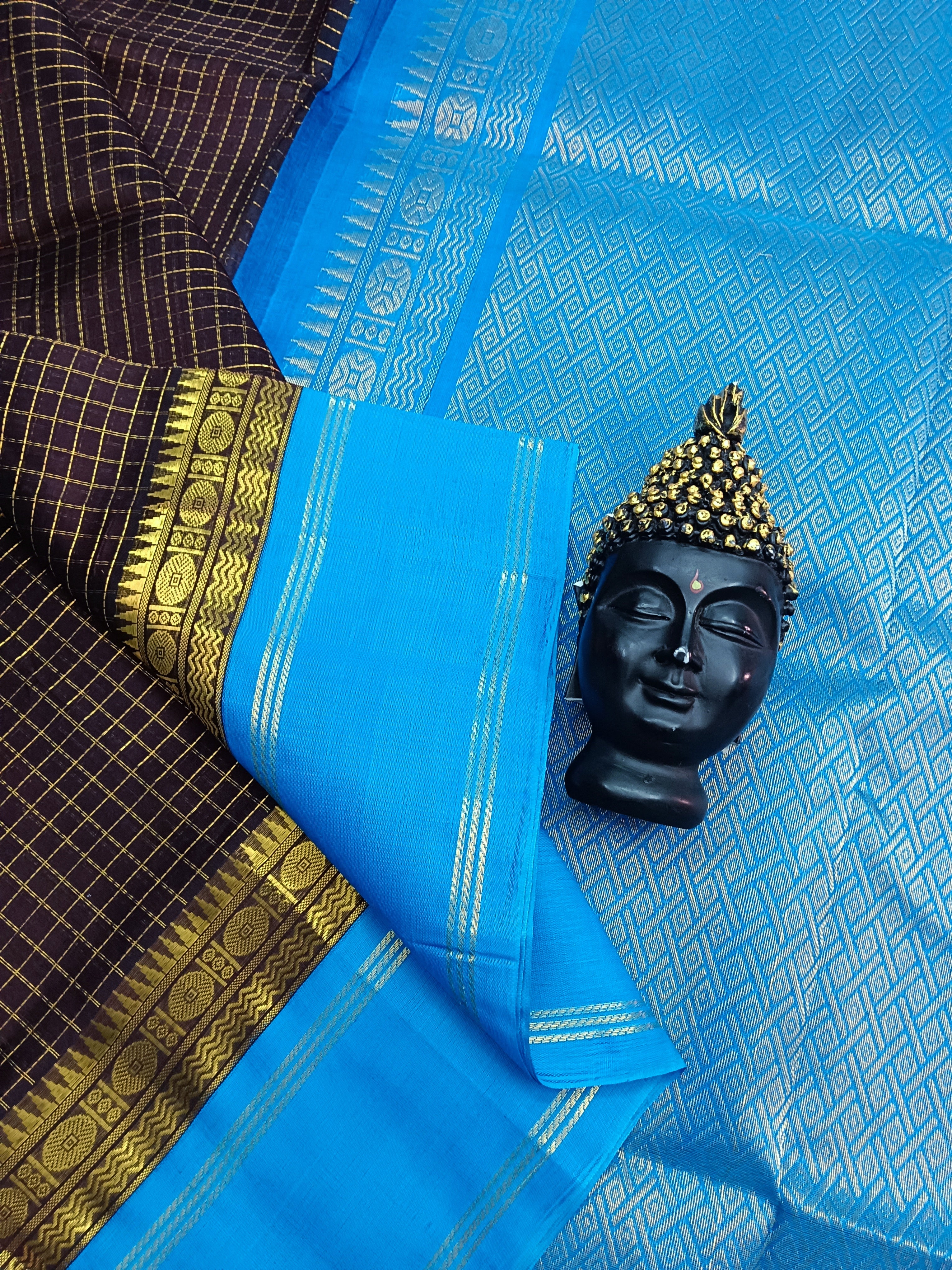 Handloom Kanchi Silk Cotton - Korvai Checks - Brown-HSC26