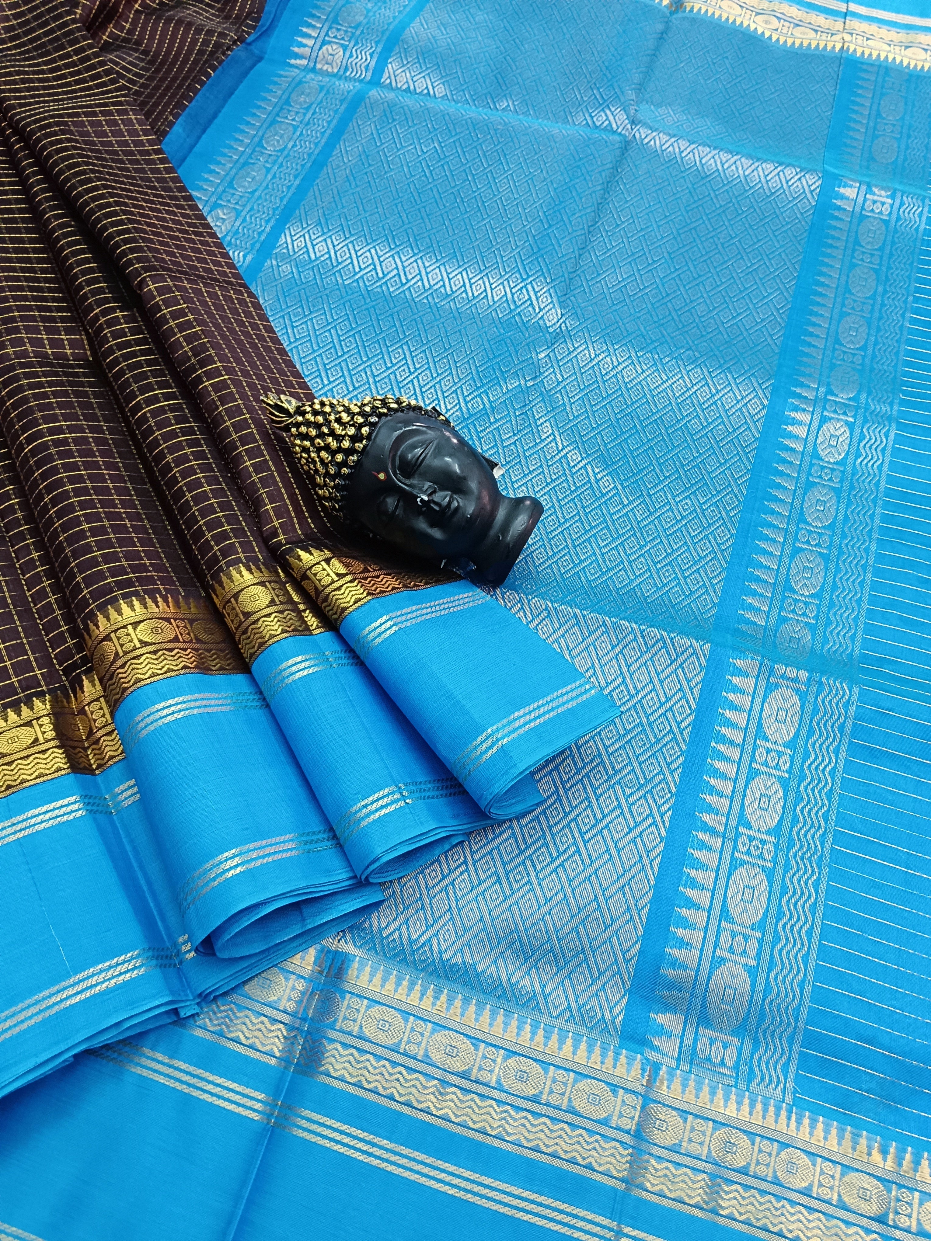 Handloom Kanchi Silk Cotton - Korvai Checks - Brown-HSC26