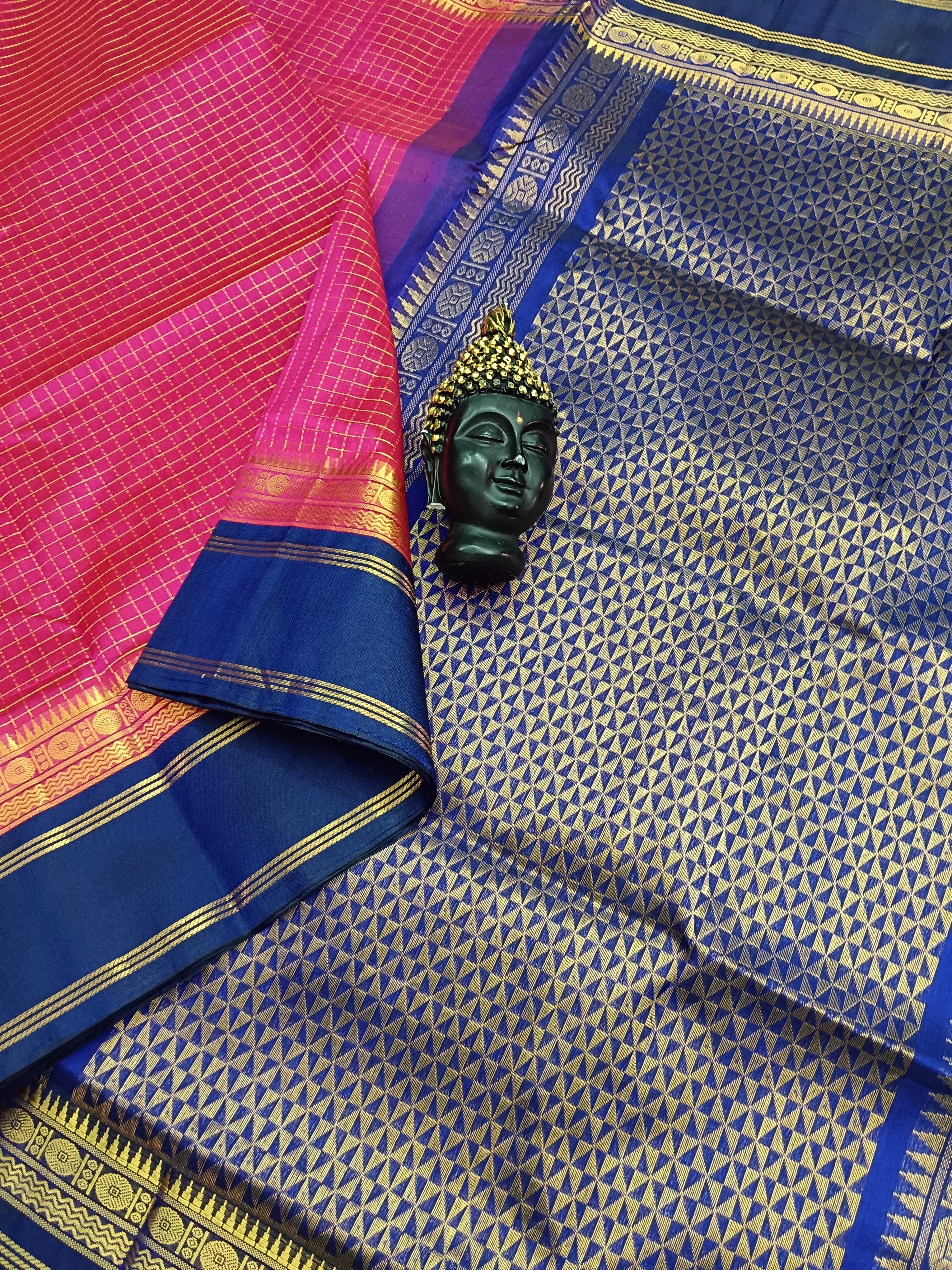 Handloom Kanchi Silk Cotton -Korvai Checks- Pink - HSC20
