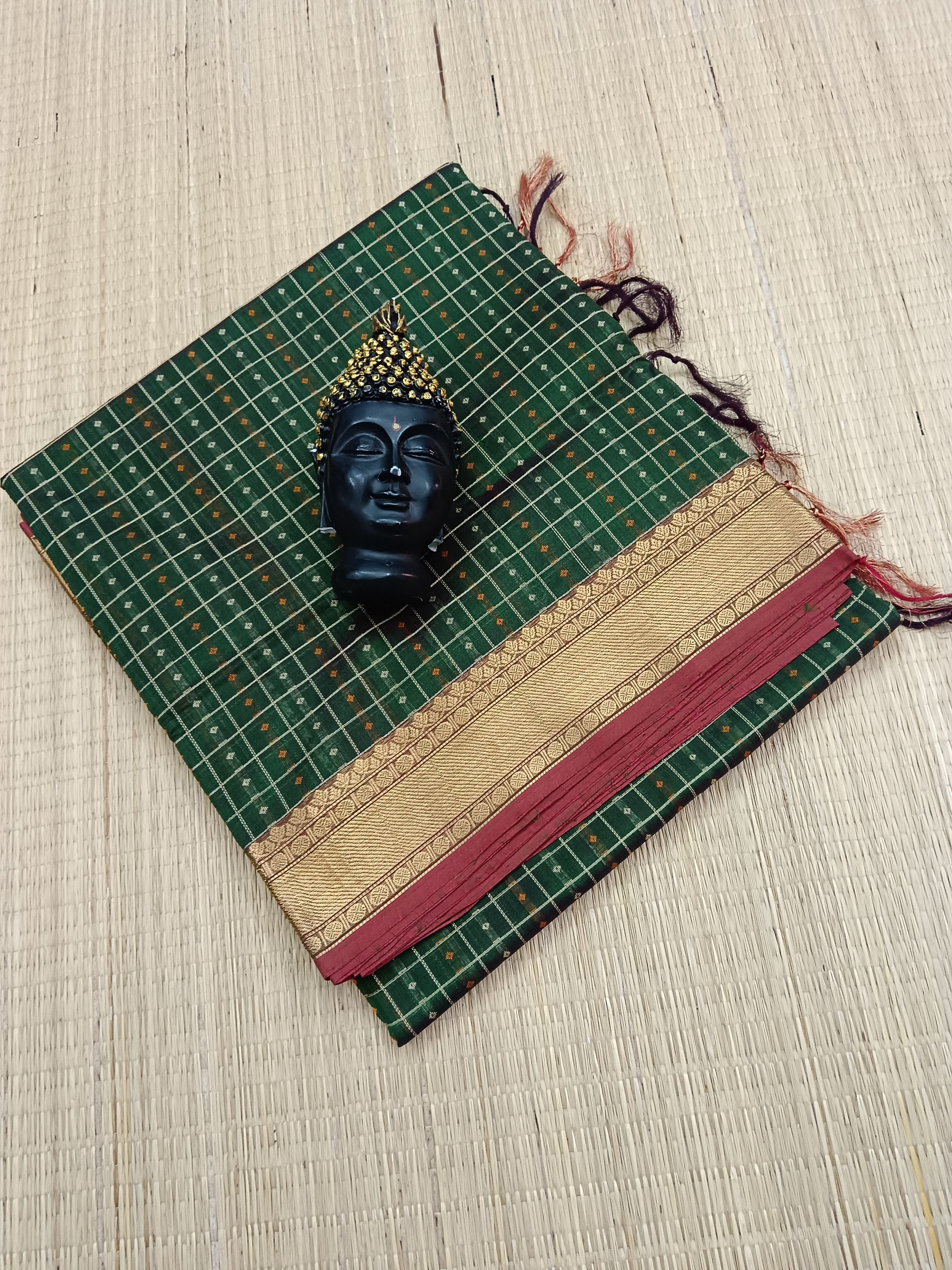 Handloom Kanchi Silk Cotton -Laksha Deepam- Dark Green- HSC22