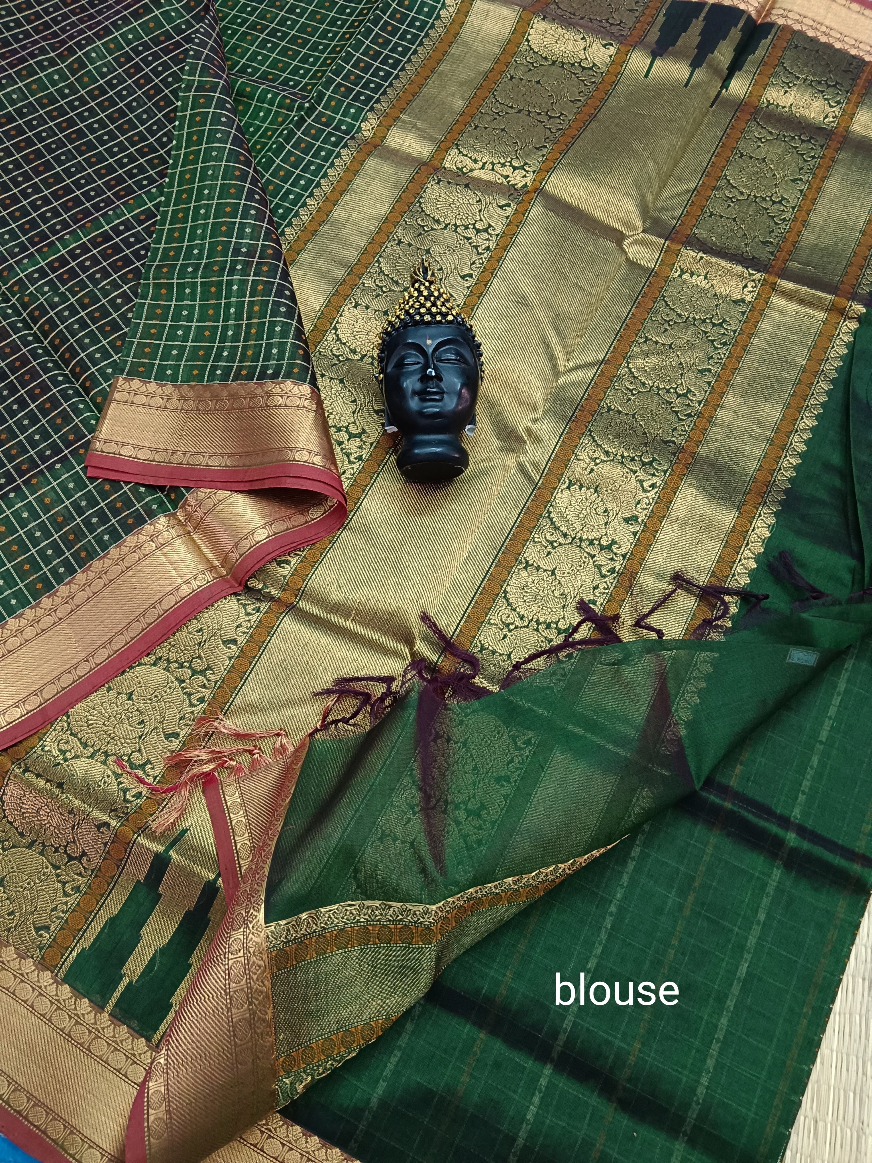 Handloom Kanchi Silk Cotton -Laksha Deepam- Dark Green- HSC22