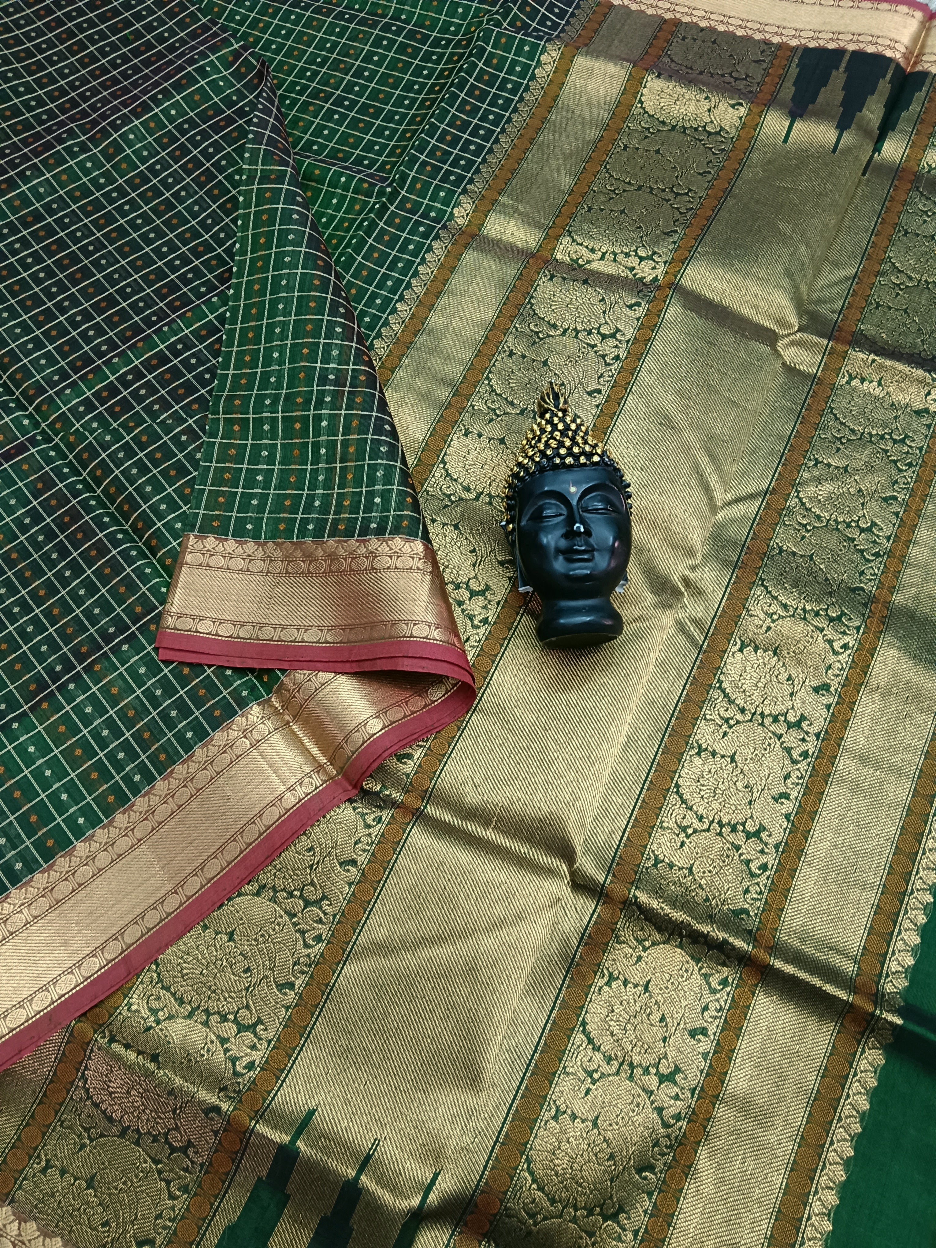 Handloom Kanchi Silk Cotton -Laksha Deepam- Dark Green- HSC22