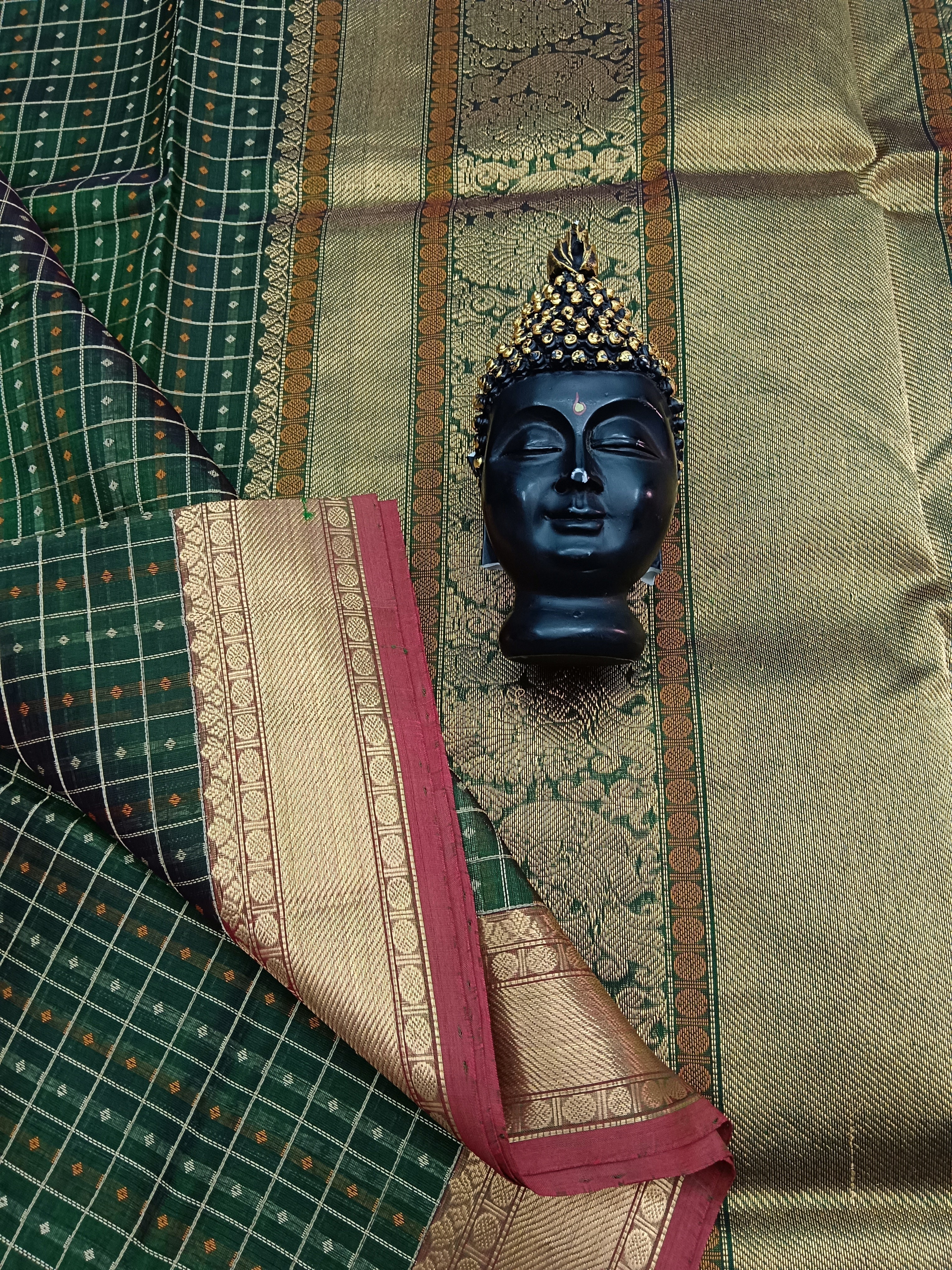 Handloom Kanchi Silk Cotton -Laksha Deepam- Dark Green- HSC22