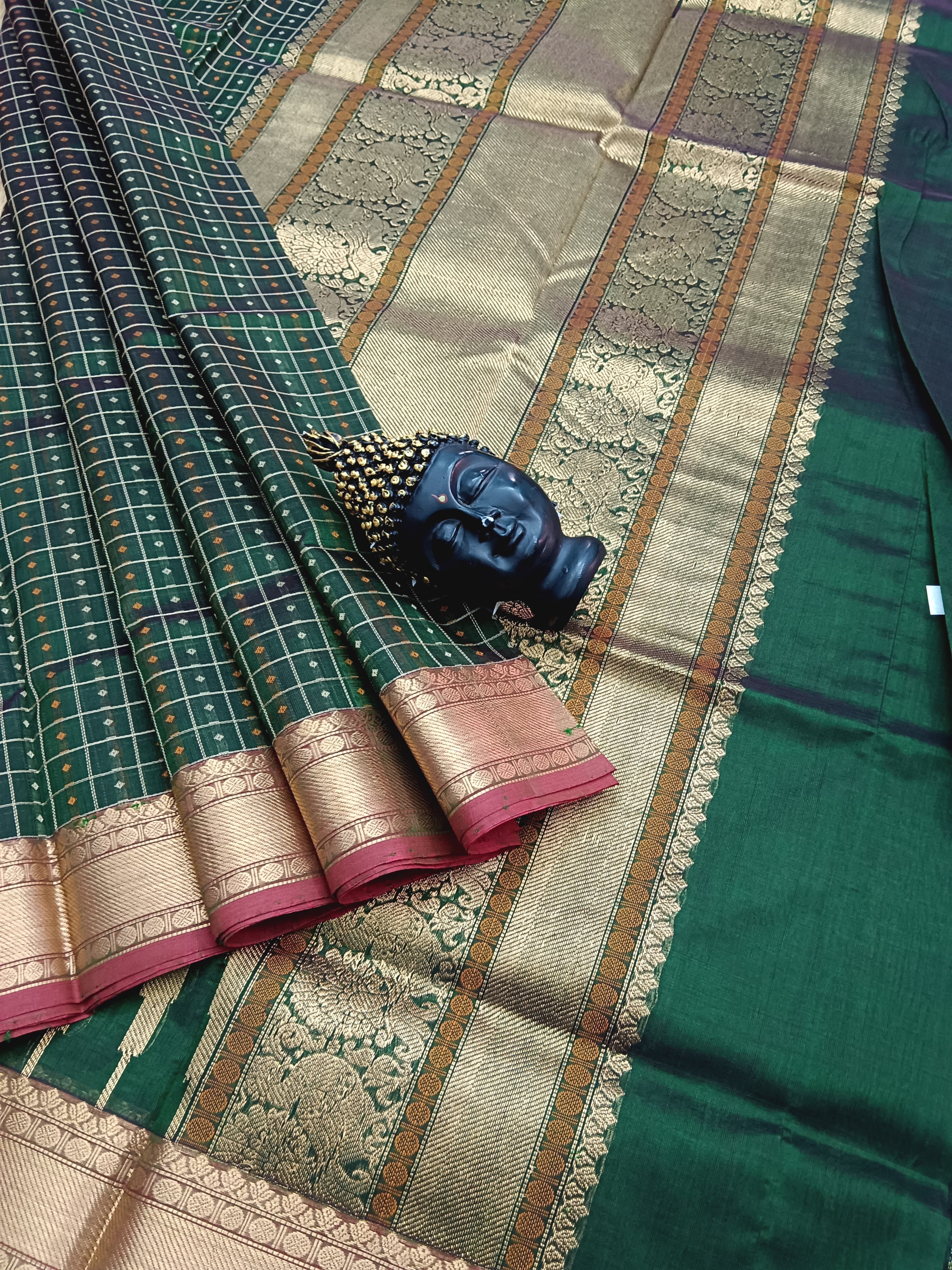 Handloom Kanchi Silk Cotton -Laksha Deepam- Dark Green- HSC22