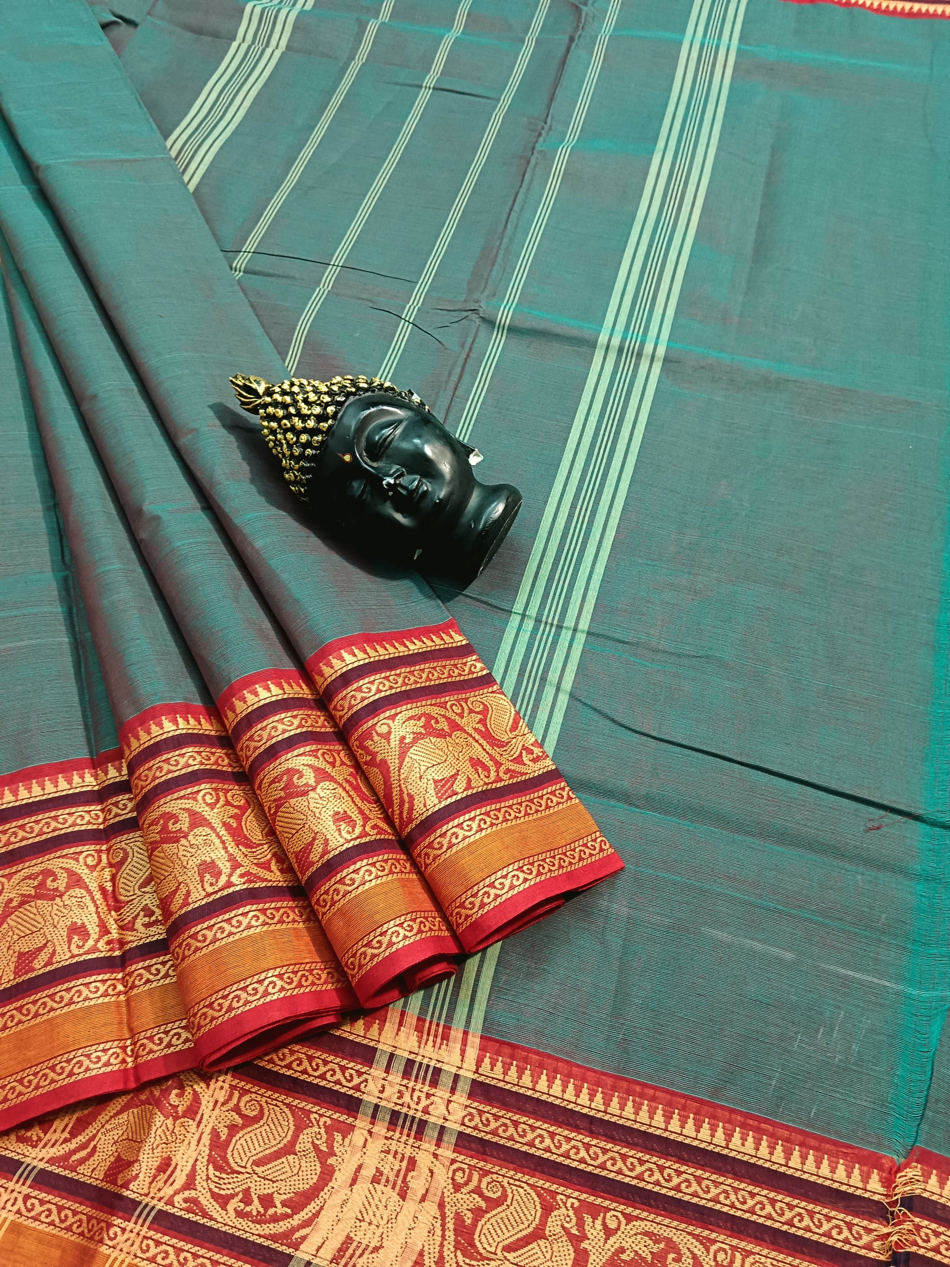 Chettinad Cotton -Daily Wear - Green mixed Red Dual Tone-35