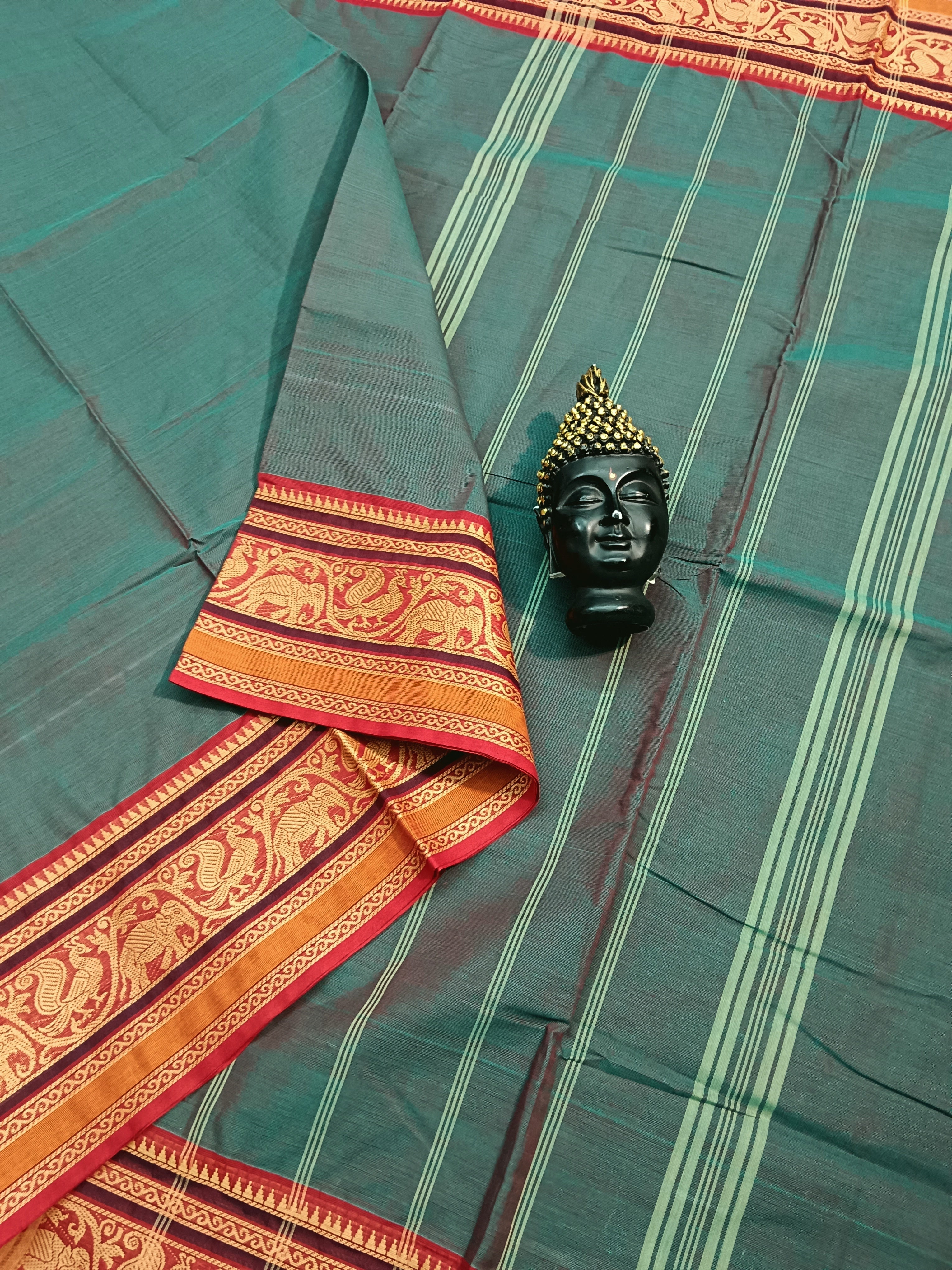 Chettinad Cotton -Daily Wear - Green mixed Red Dual Tone-35