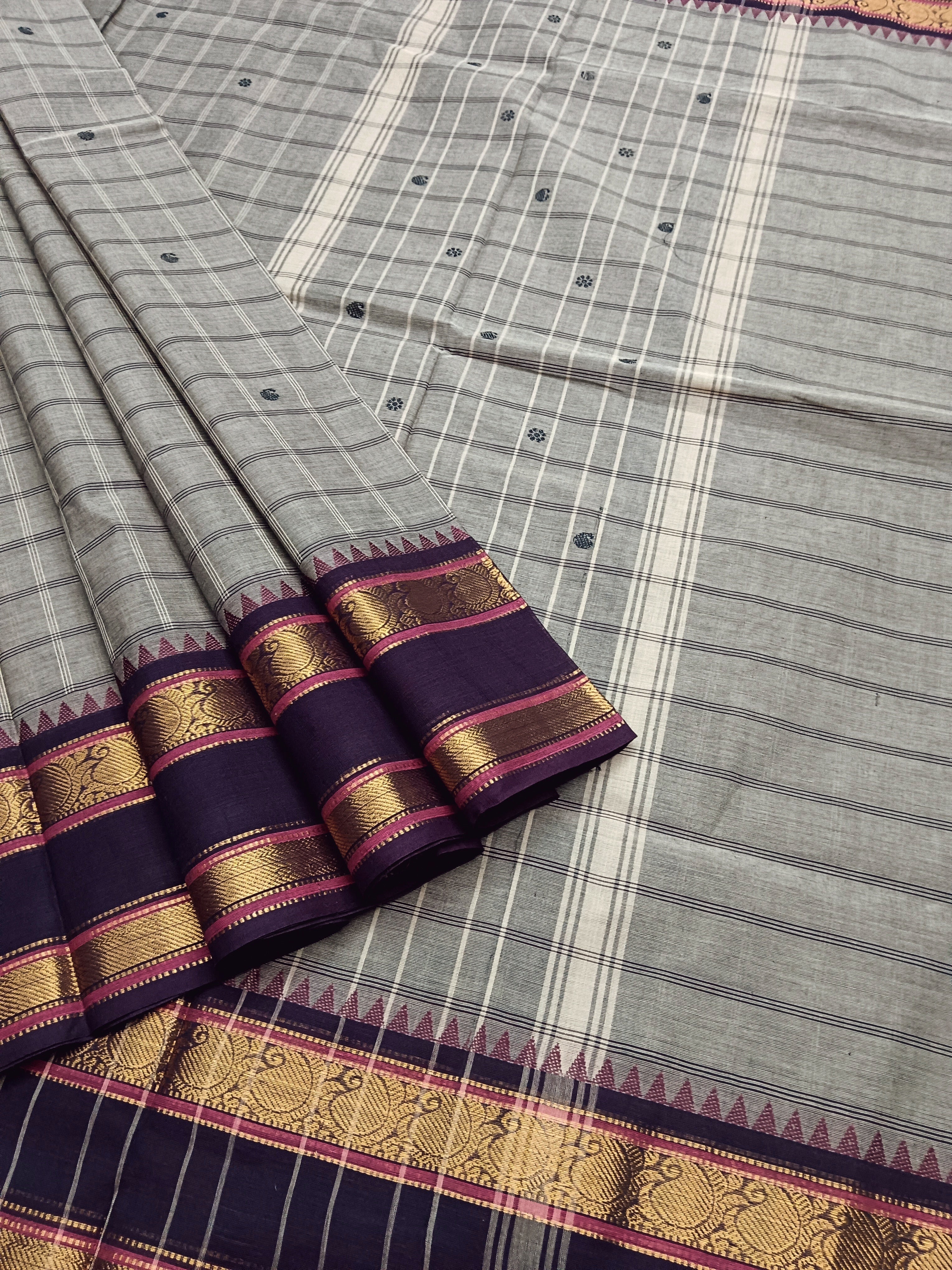 Kanchi Cotton - Festival Fusion -Korvai Checks Butta -Grey- KCFCB32