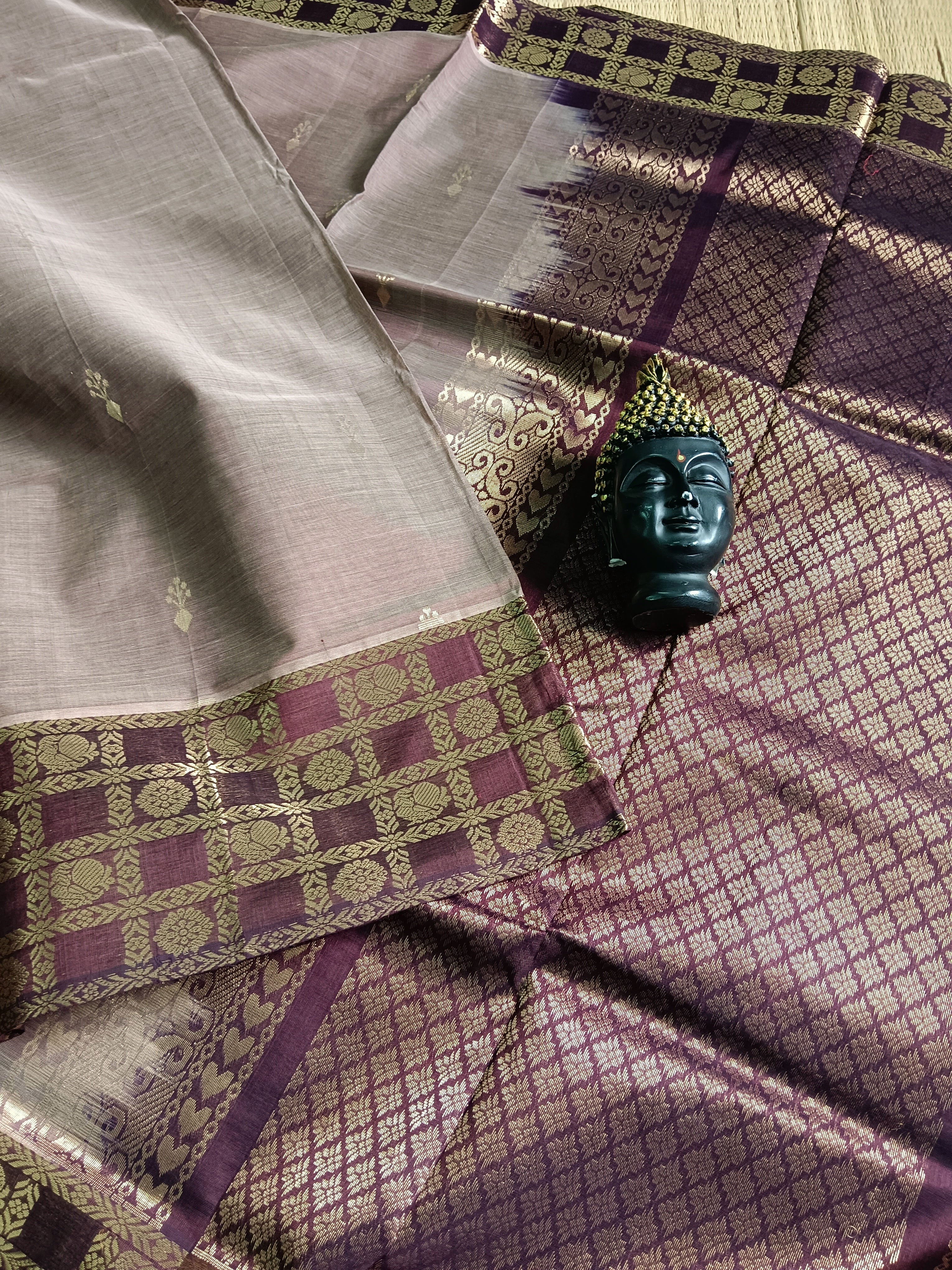 Handloom Kanchi Silk Cotton - Butta - Choclate- HSC29