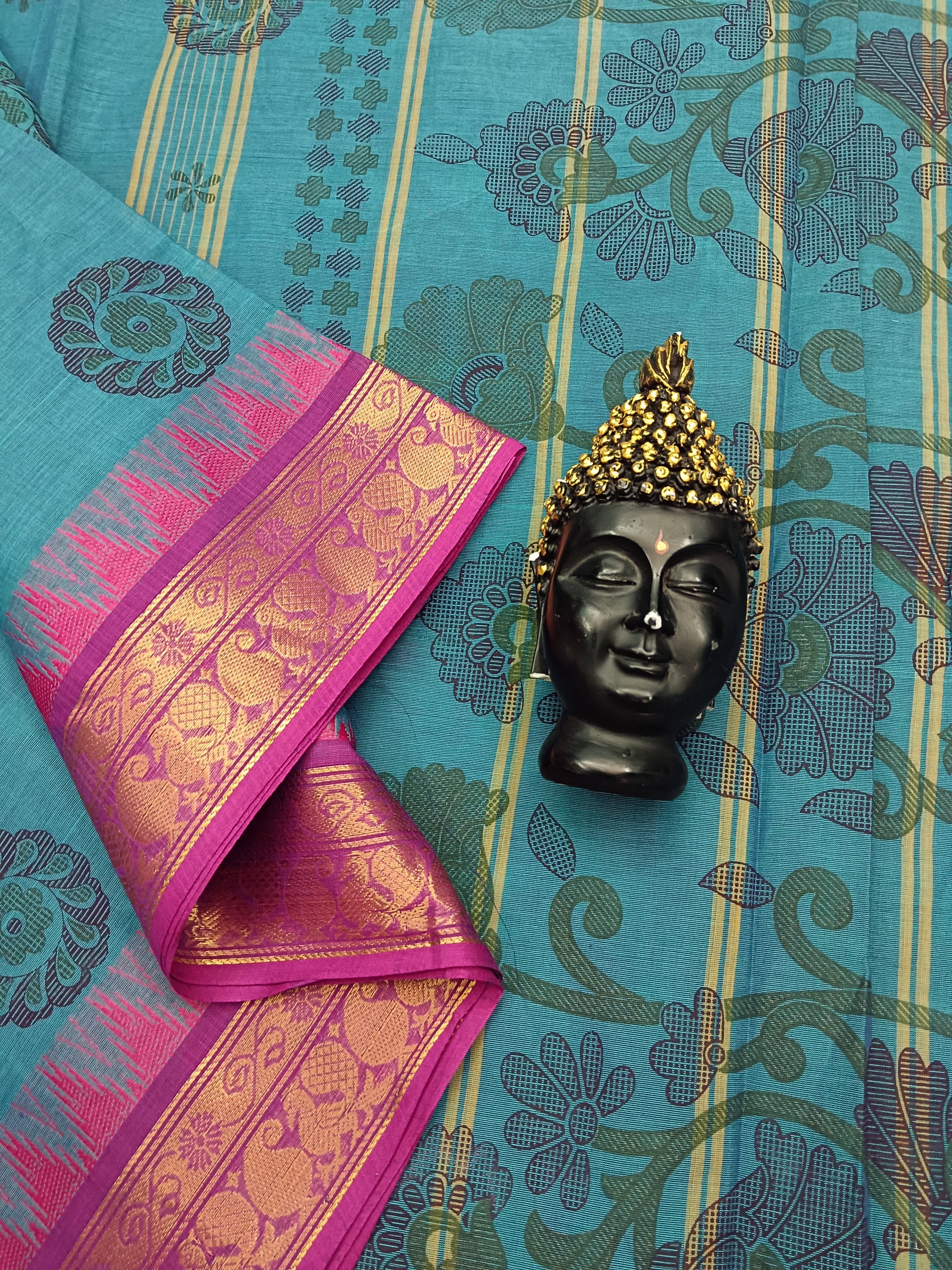 Chettinad Cotton - Printed-Green Mixed Light Blue -CPC04