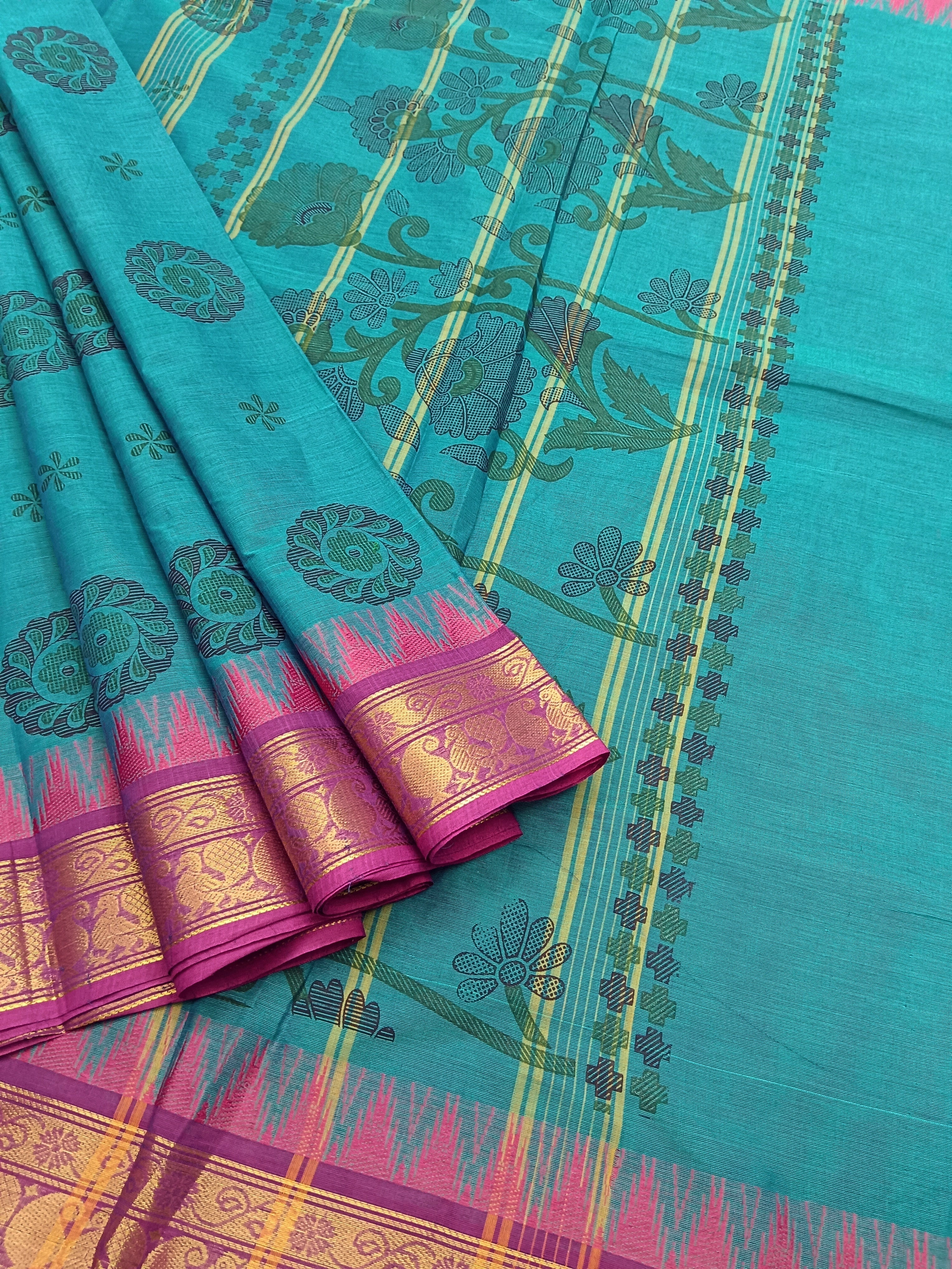 Chettinad Cotton - Printed-Green Mixed Light Blue -CPC04