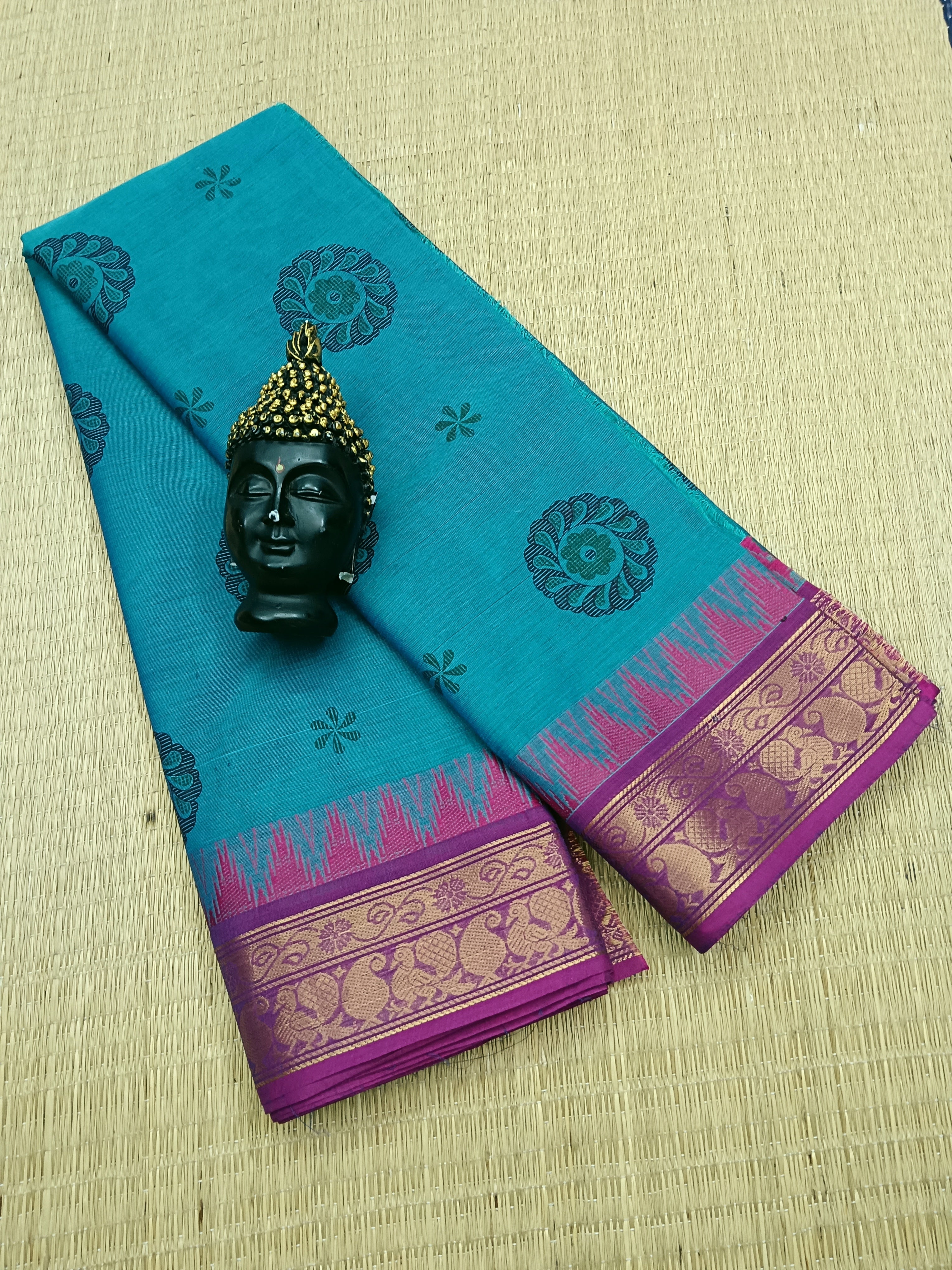 Chettinad Cotton - Printed-Green Mixed Light Blue -CPC04