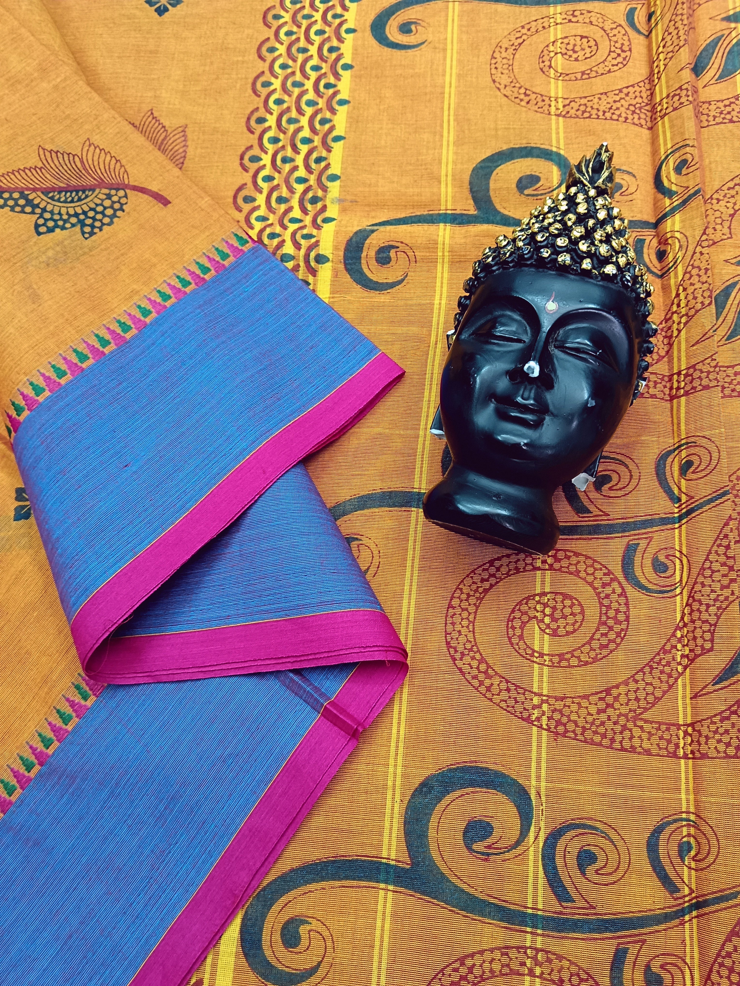 Chettinad Cotton -Printed - Yellow Mixed Orange-CPC07