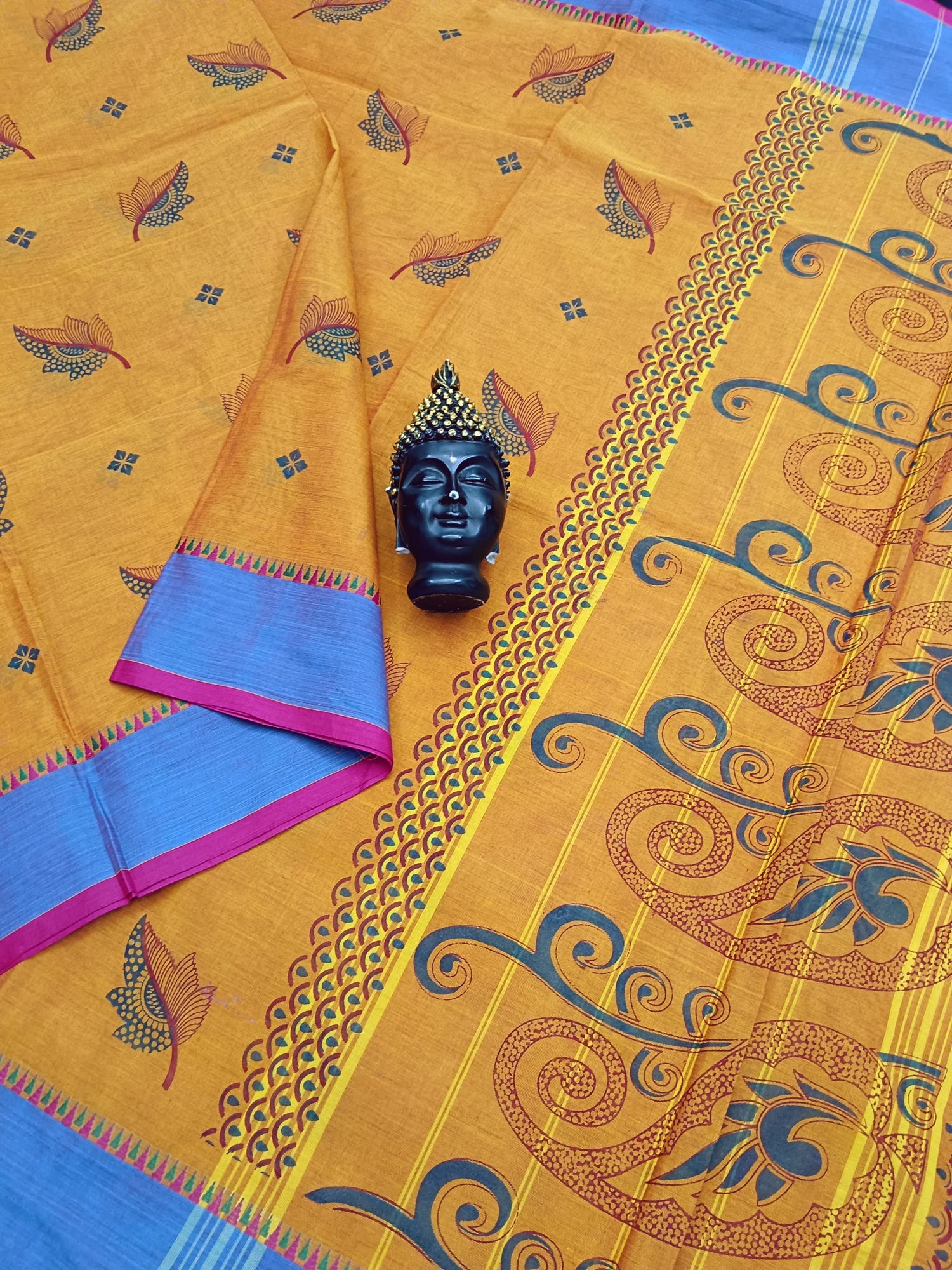 Chettinad Cotton -Printed - Yellow Mixed Orange-CPC07