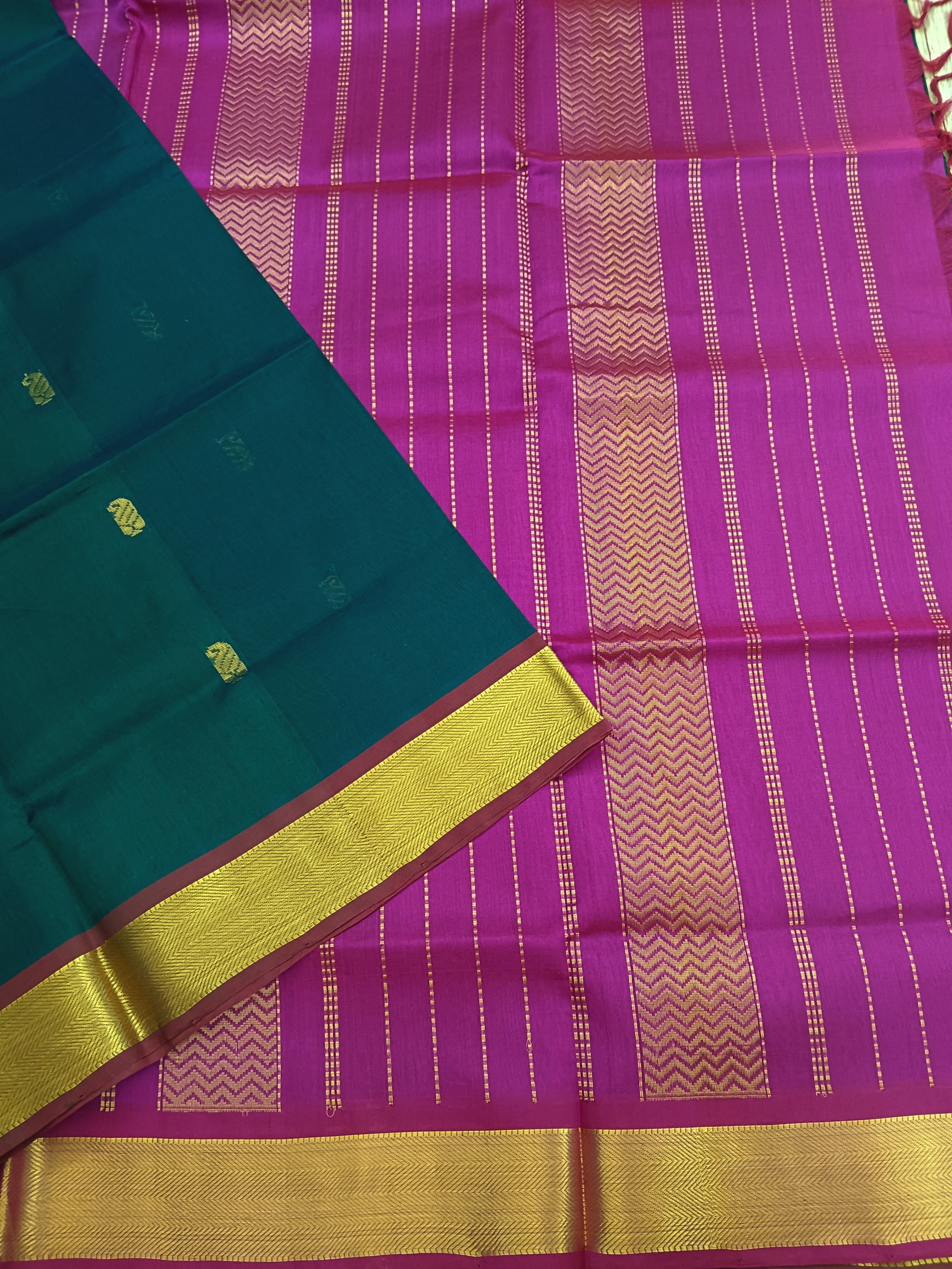 Handloom Kanchi Silk Cotton - Butta - Peacock Green- HSC33