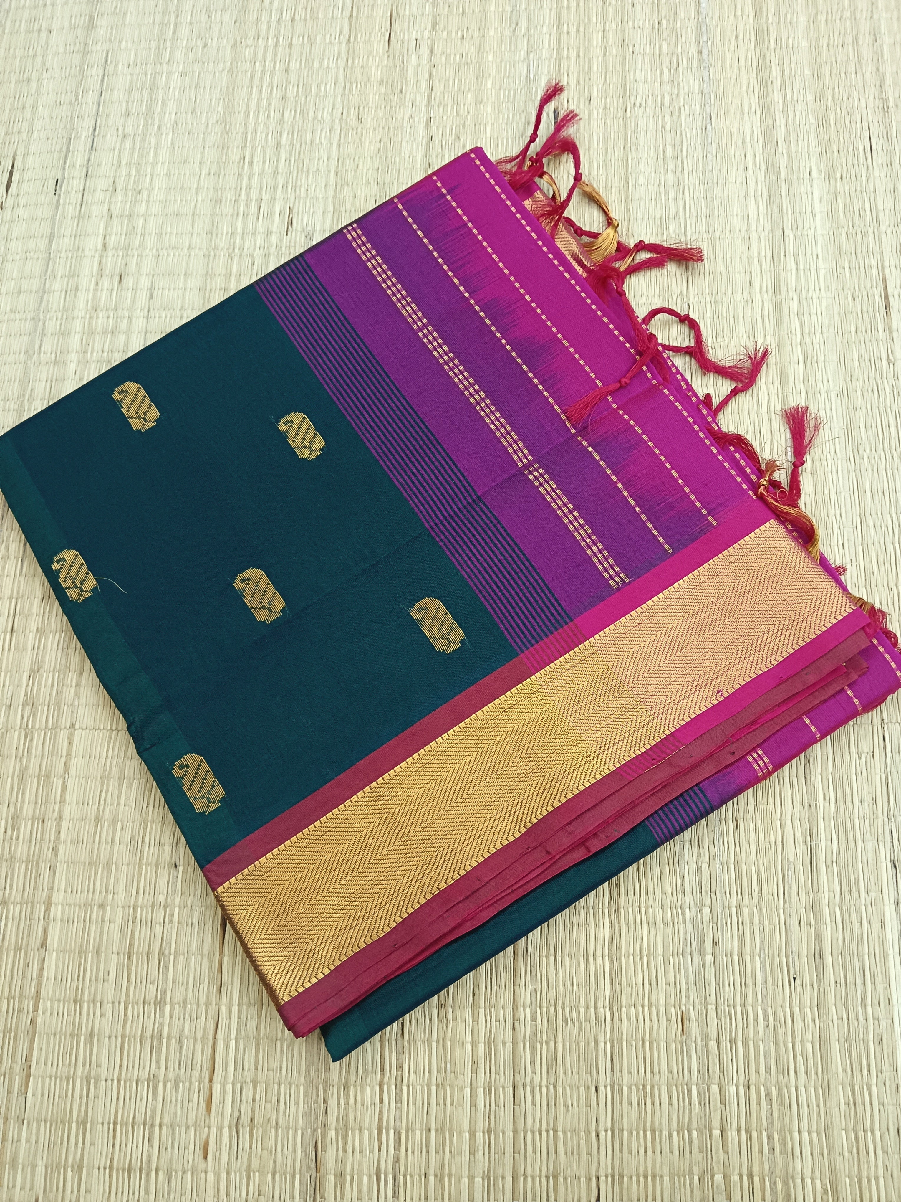 Handloom Kanchi Silk Cotton - Butta - Peacock Green- HSC33