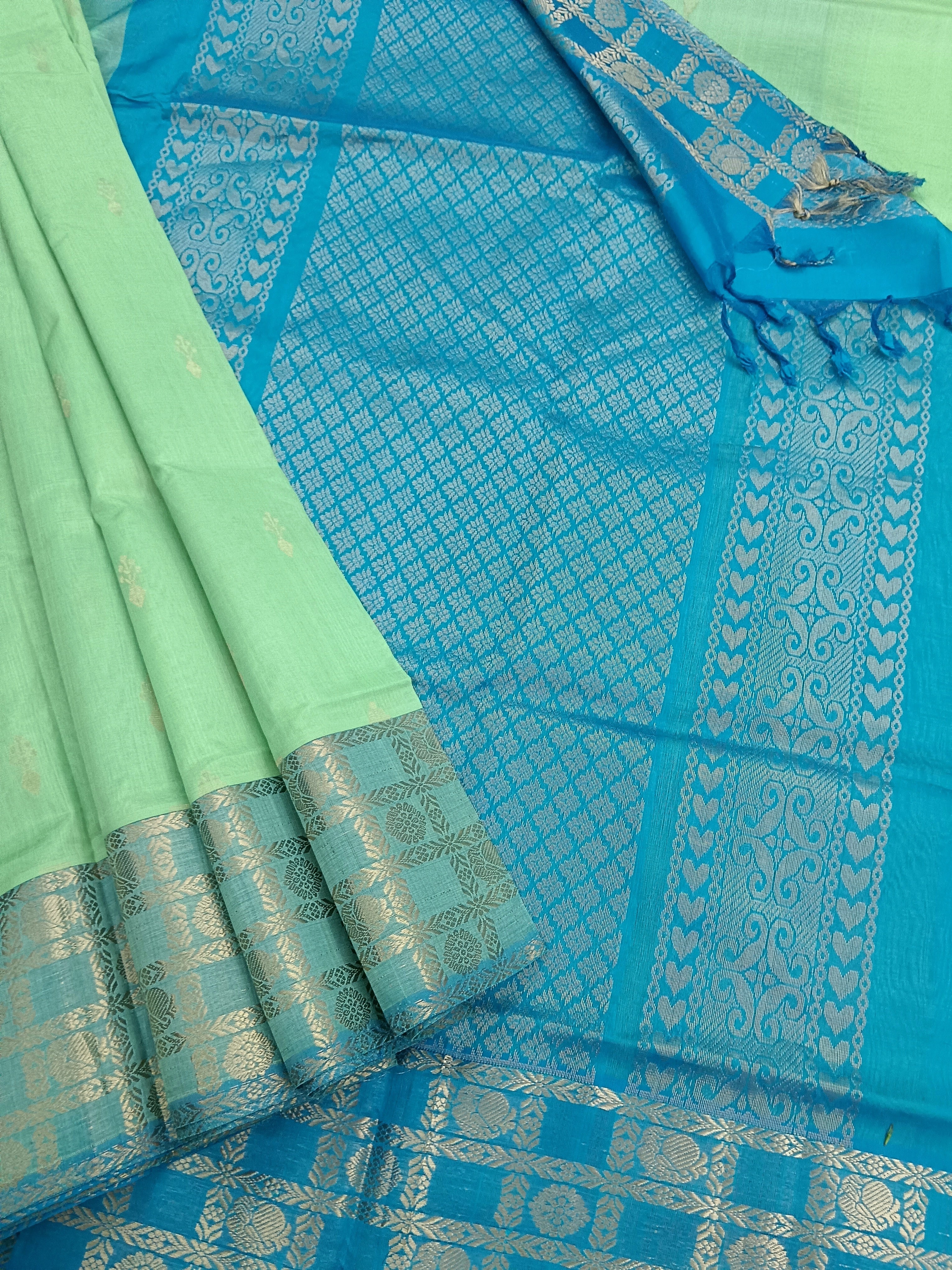 Handloom Kanchi Silk Cotton - Butta-Aqua Green- HSC47
