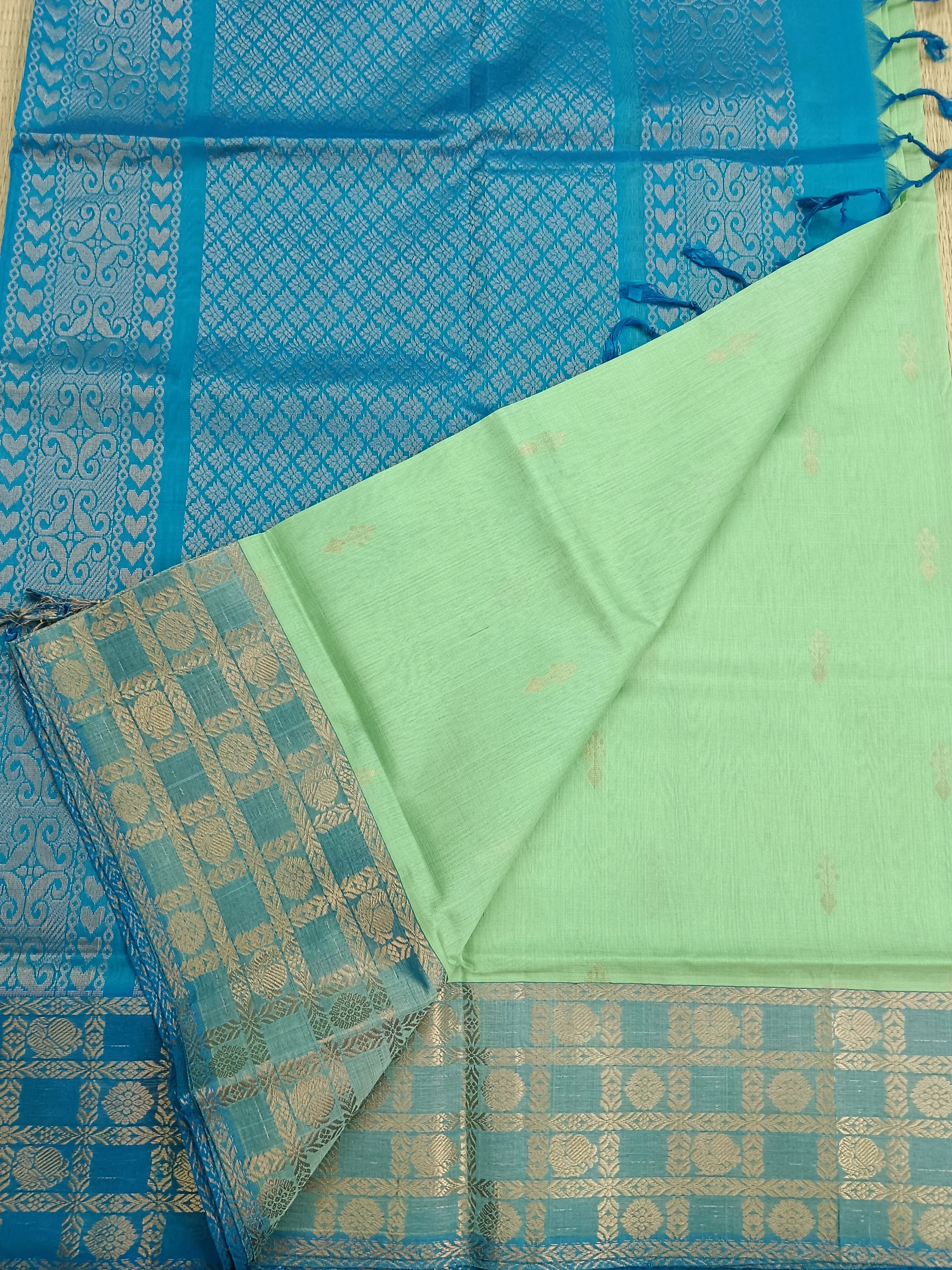 Handloom Kanchi Silk Cotton - Butta-Aqua Green- HSC47