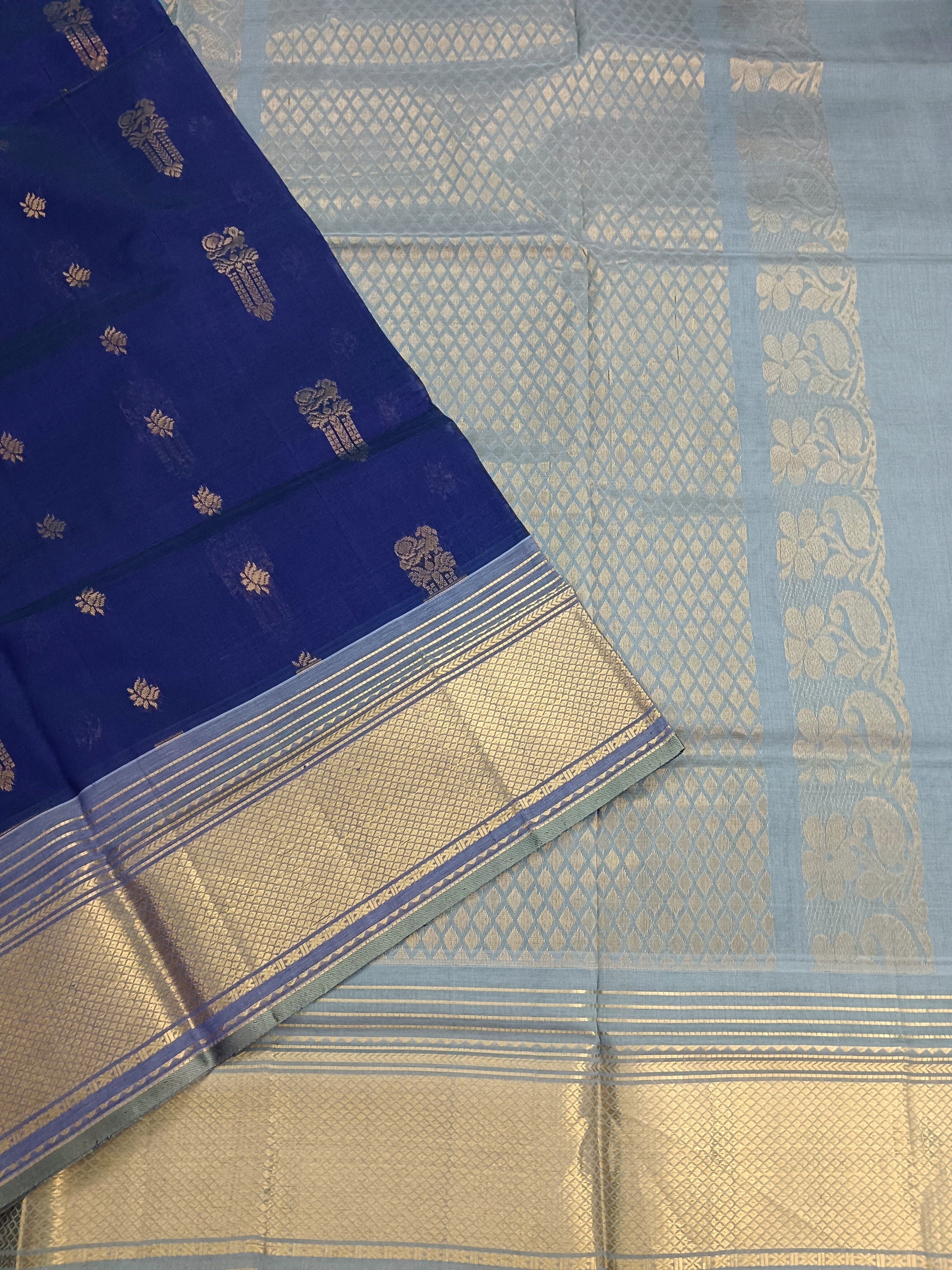 Handloom Kanchi Silk Cotton - Butta-Blue- HSC48