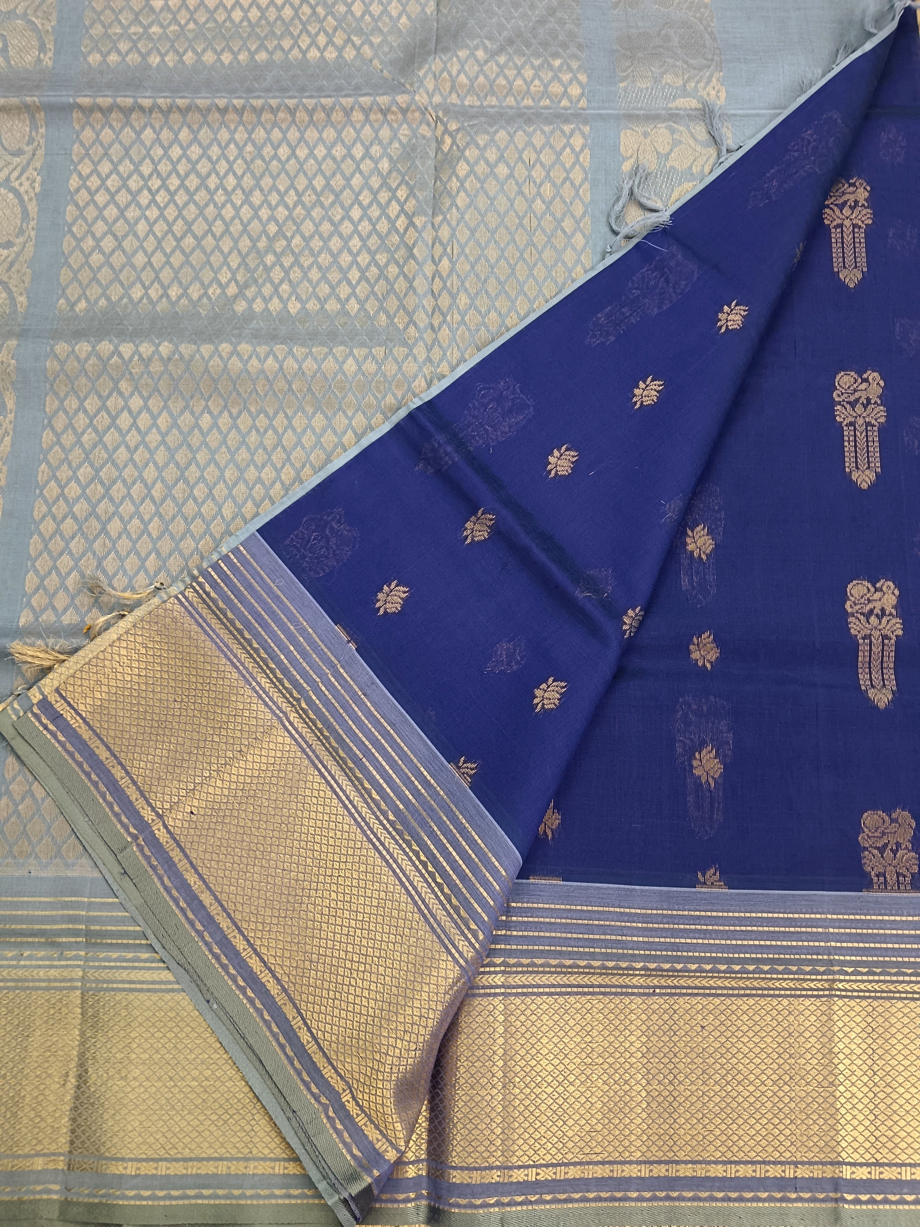 Handloom Kanchi Silk Cotton - Butta-Blue- HSC48