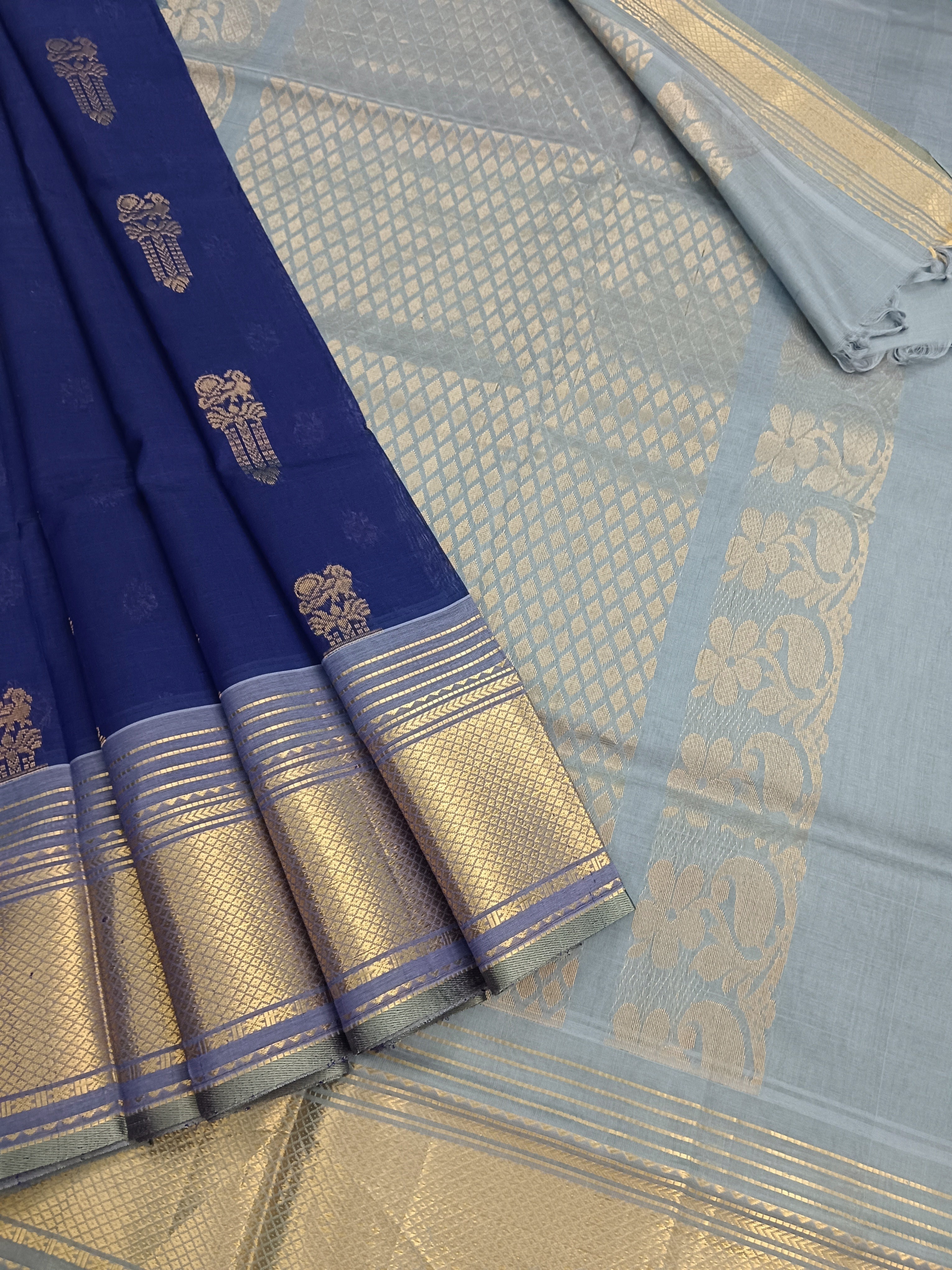 Handloom Kanchi Silk Cotton - Butta-Blue- HSC48