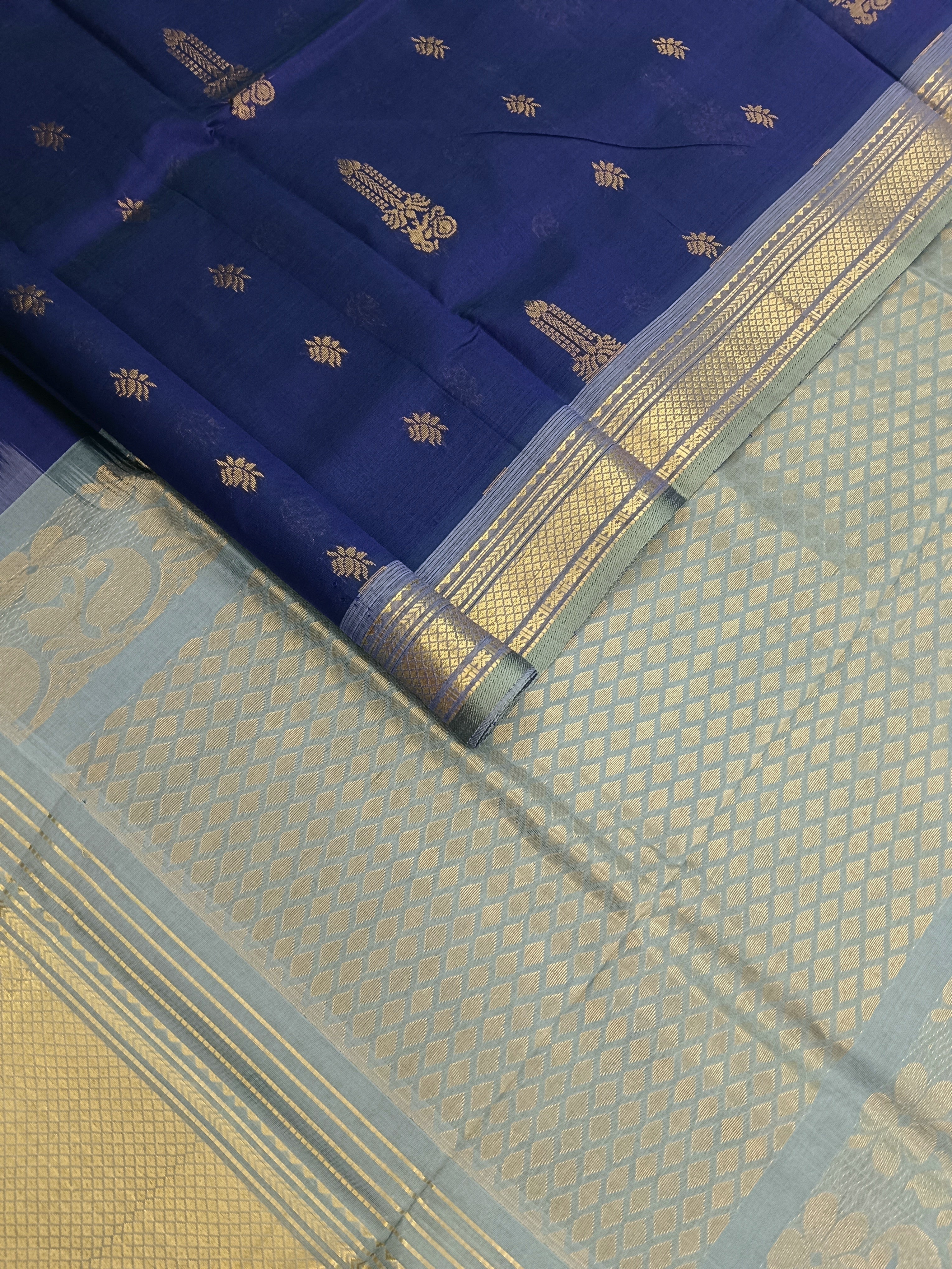 Handloom Kanchi Silk Cotton - Butta-Blue- HSC48