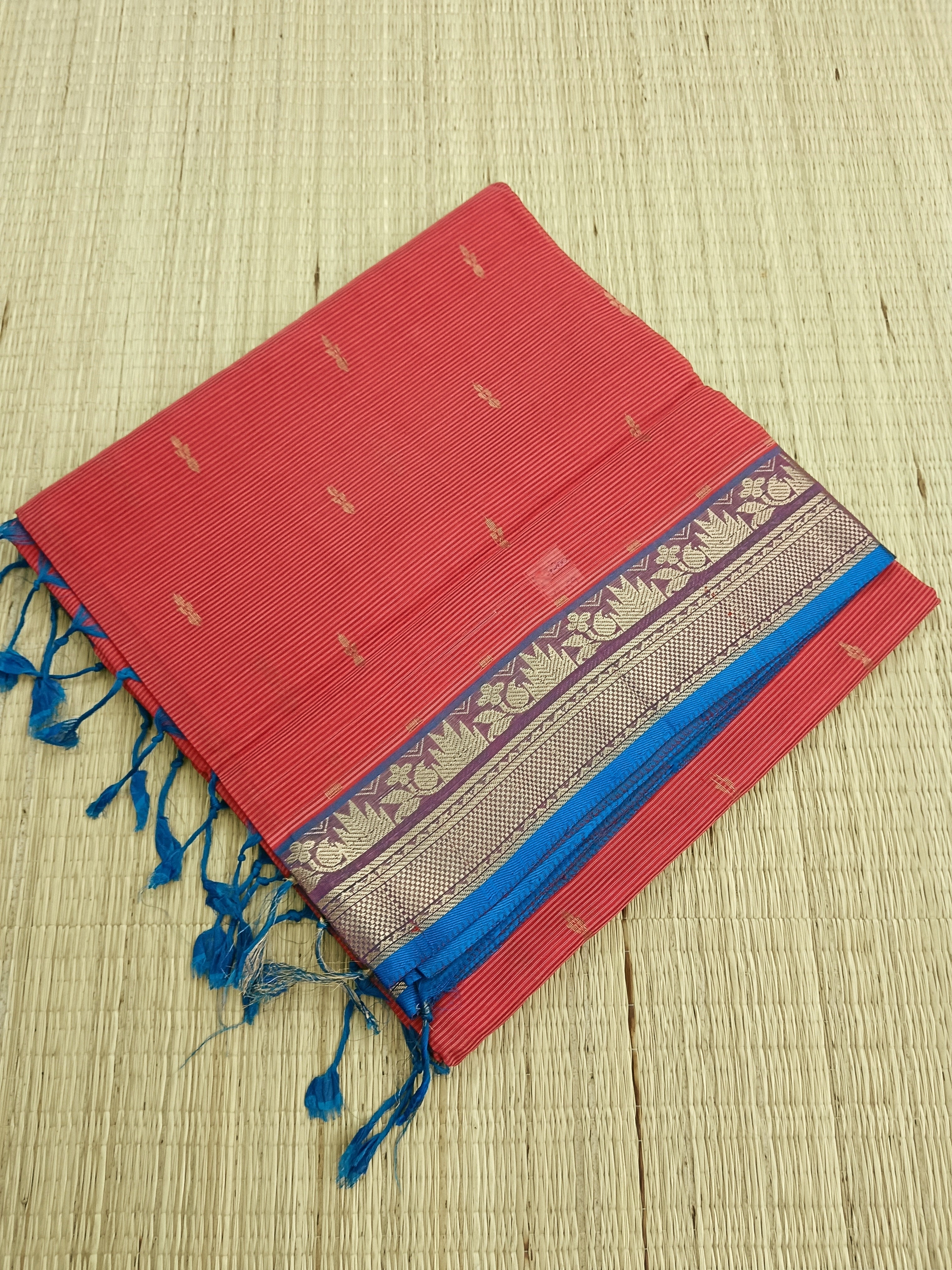 Handloom Kanchi Silk Cotton - Butta-Red- HSC46