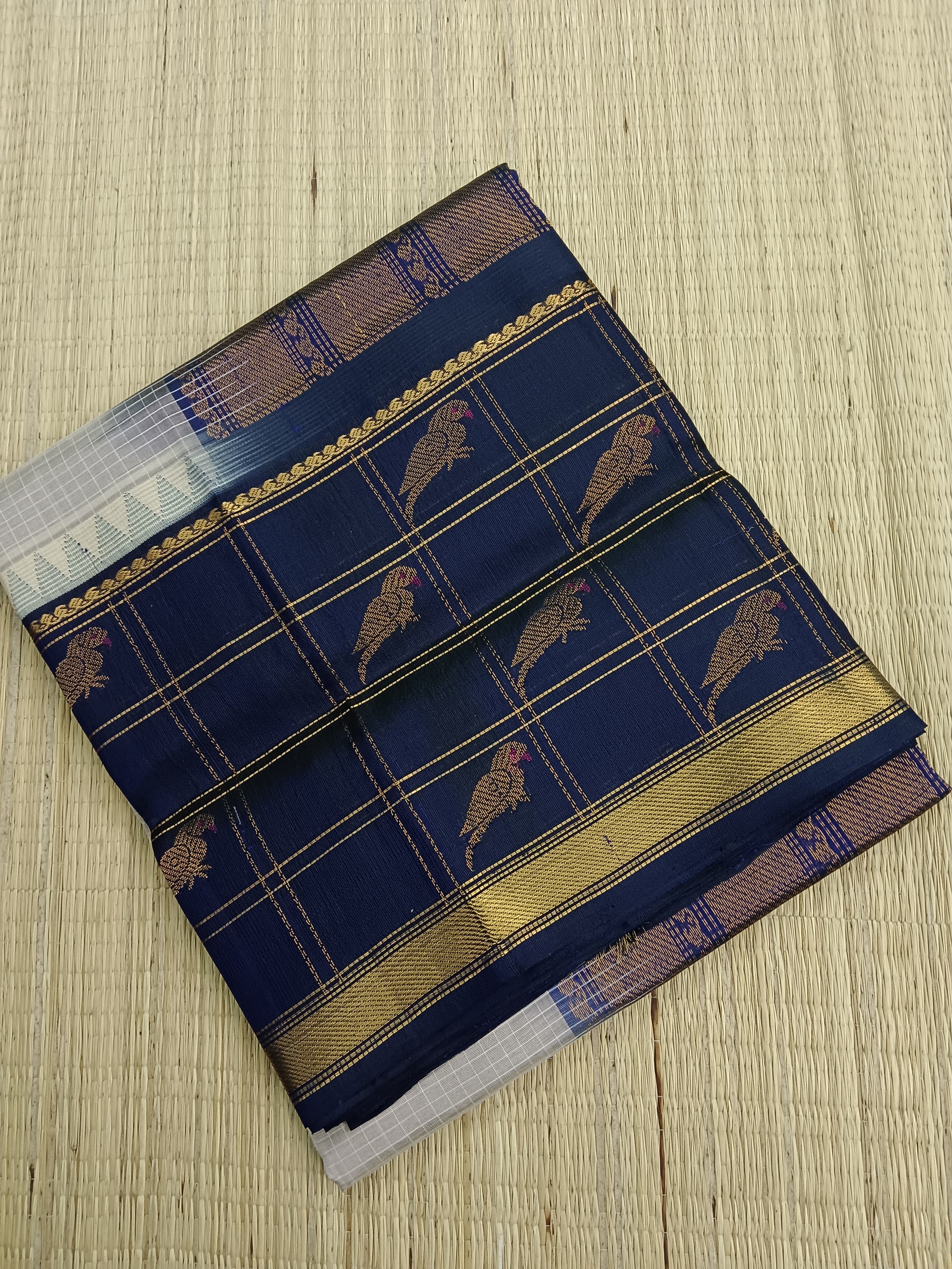 Handloom Kanchi Silk Cotton -Long Border-Beige mixed white- HSC50